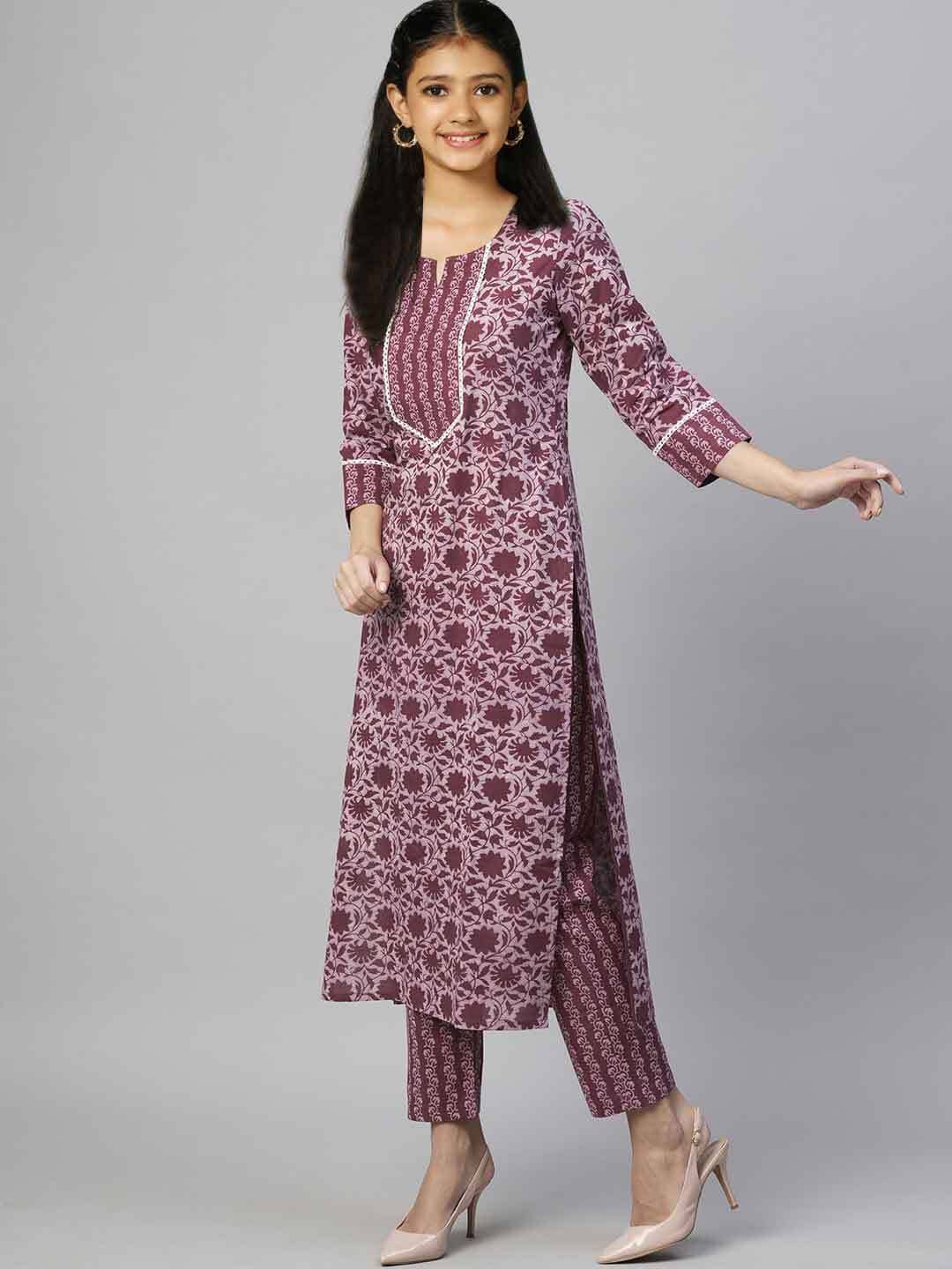 Bholukart Girls Cotton Blend Kurti with Pants ( Pack of 1 , Brown )