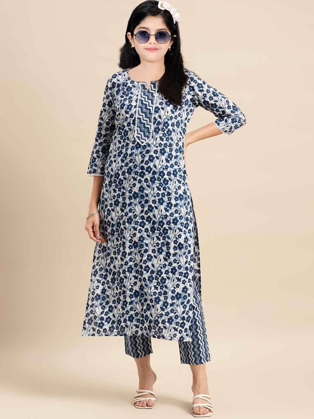 Bholukart Girls Cotton Blend Kurti with Churidar ( Pack of 1 , Blue )
