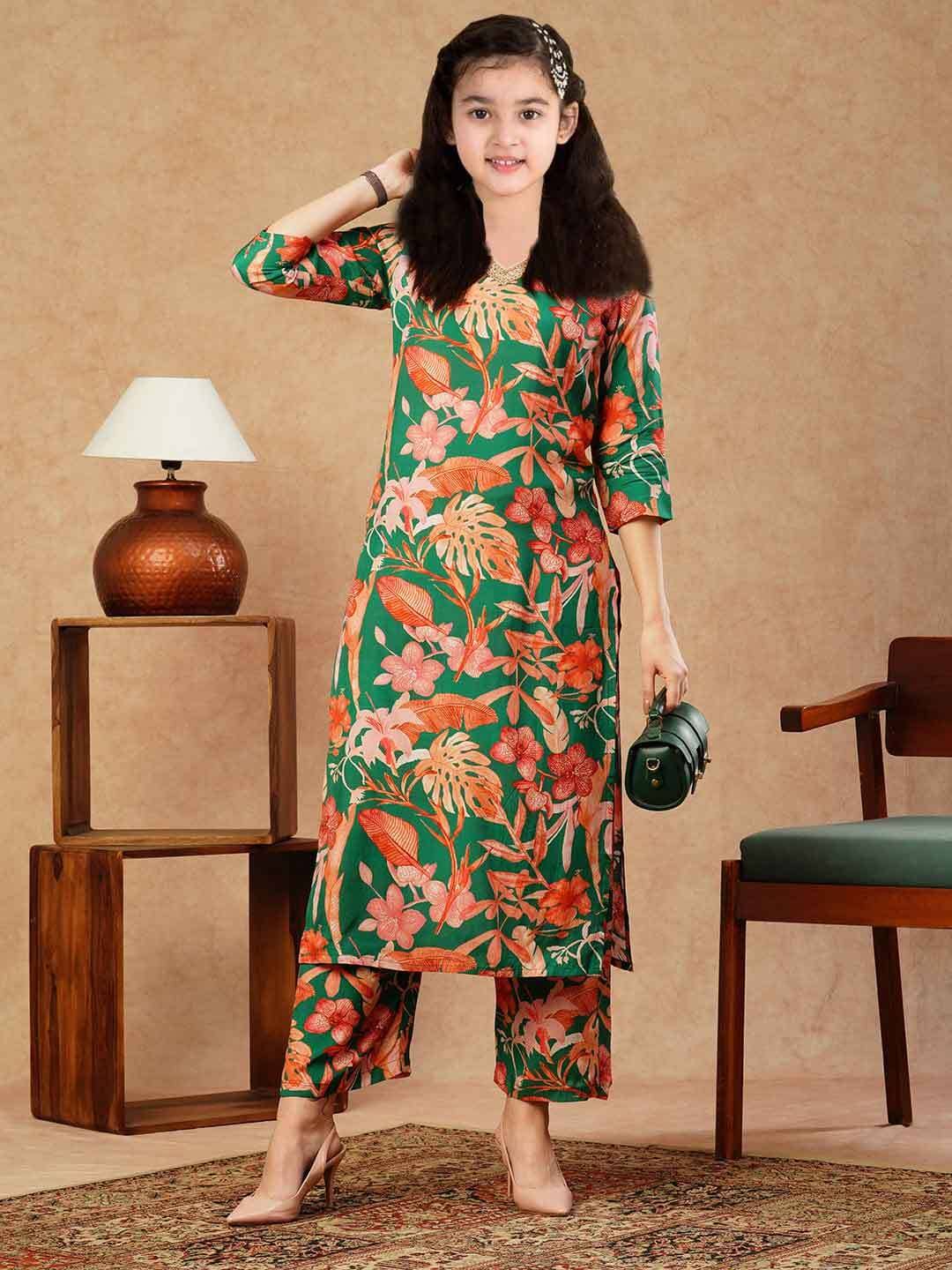 Bholukart Girls Cotton Blend Kurti with Salwar ( Pack of 1 , Dark Green )