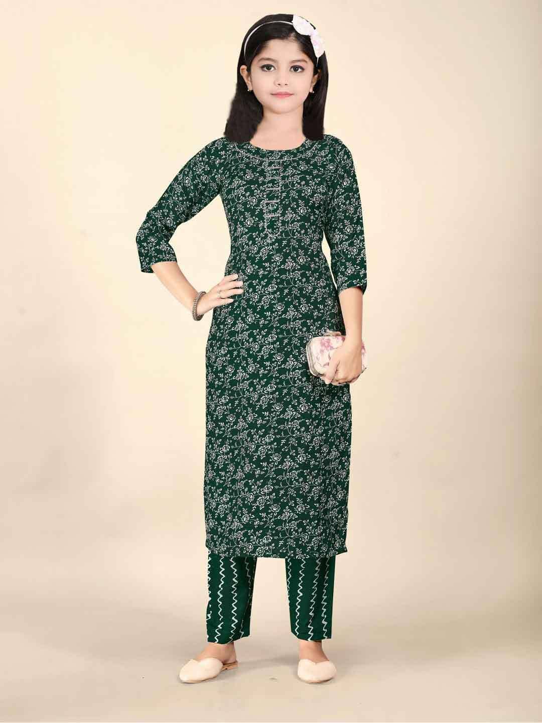Bholukart Girls Cotton Blend Kurti with Salwar ( Pack of 1 , Dark Green )