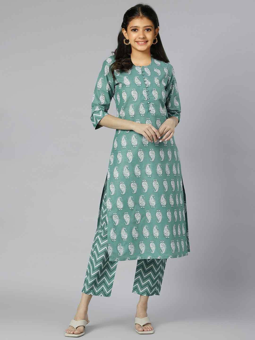 Bholukart Girls Cotton Blend Kurti with Churidar ( Pack of 1 , Green )