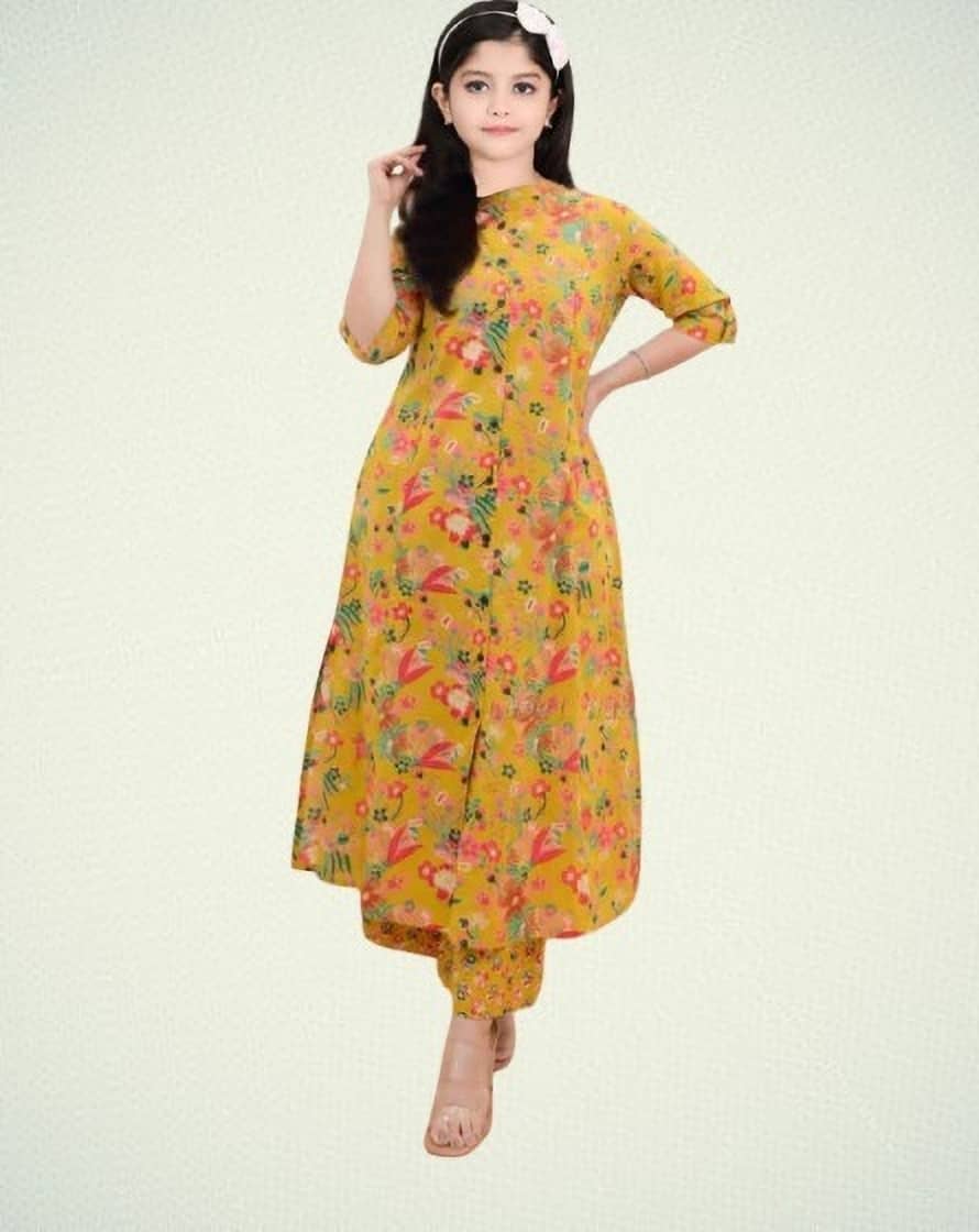 Bholukart Girls Polyester Kurta with Trouser ( Pack of 1 , Yellow )