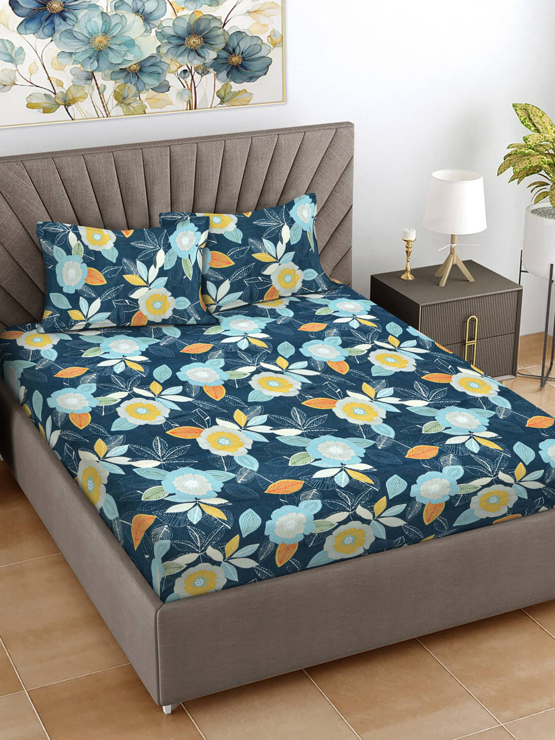     			FABINALIV Poly Cotton 1 Double Bedsheet with 2 Pillow Covers ( Dark Blue )