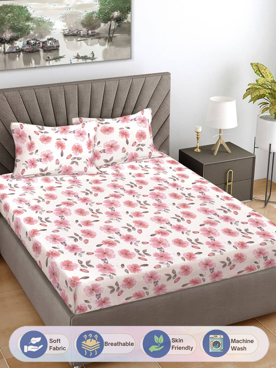     			FABINALIV Poly Cotton 1 Double Bedsheet with 2 Pillow Covers ( Red )