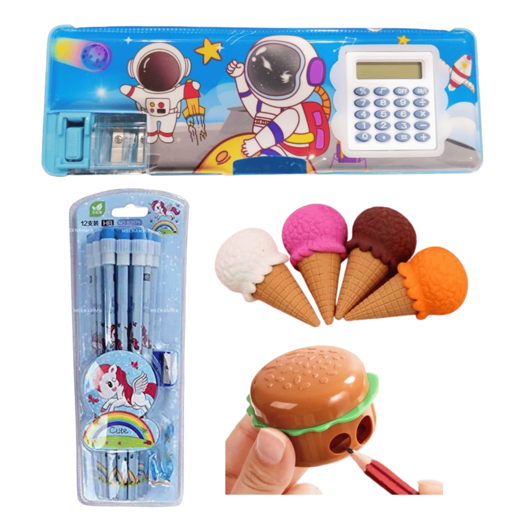 KALRA MAGIC Fun & Cute Stationery Set for Kids 1Pcs Calculator Astronaut Pencil Box 4Pcs 3D Erasers, 12 Pcs Pencils Set & 1 Burger Sharpener (Space Cal)