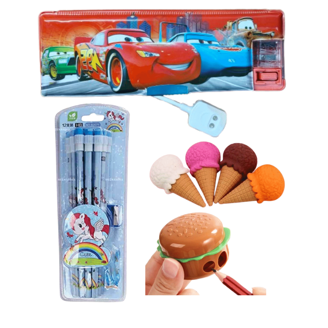     			KALRA MAGIC Fun & Cute Stationery Set for Kids 1Pcs Light Car Print Pencil Box 4Pcs 3D Erasers, 12 Pcs Pencils Set & 1 Burger Sharpener (Combo)