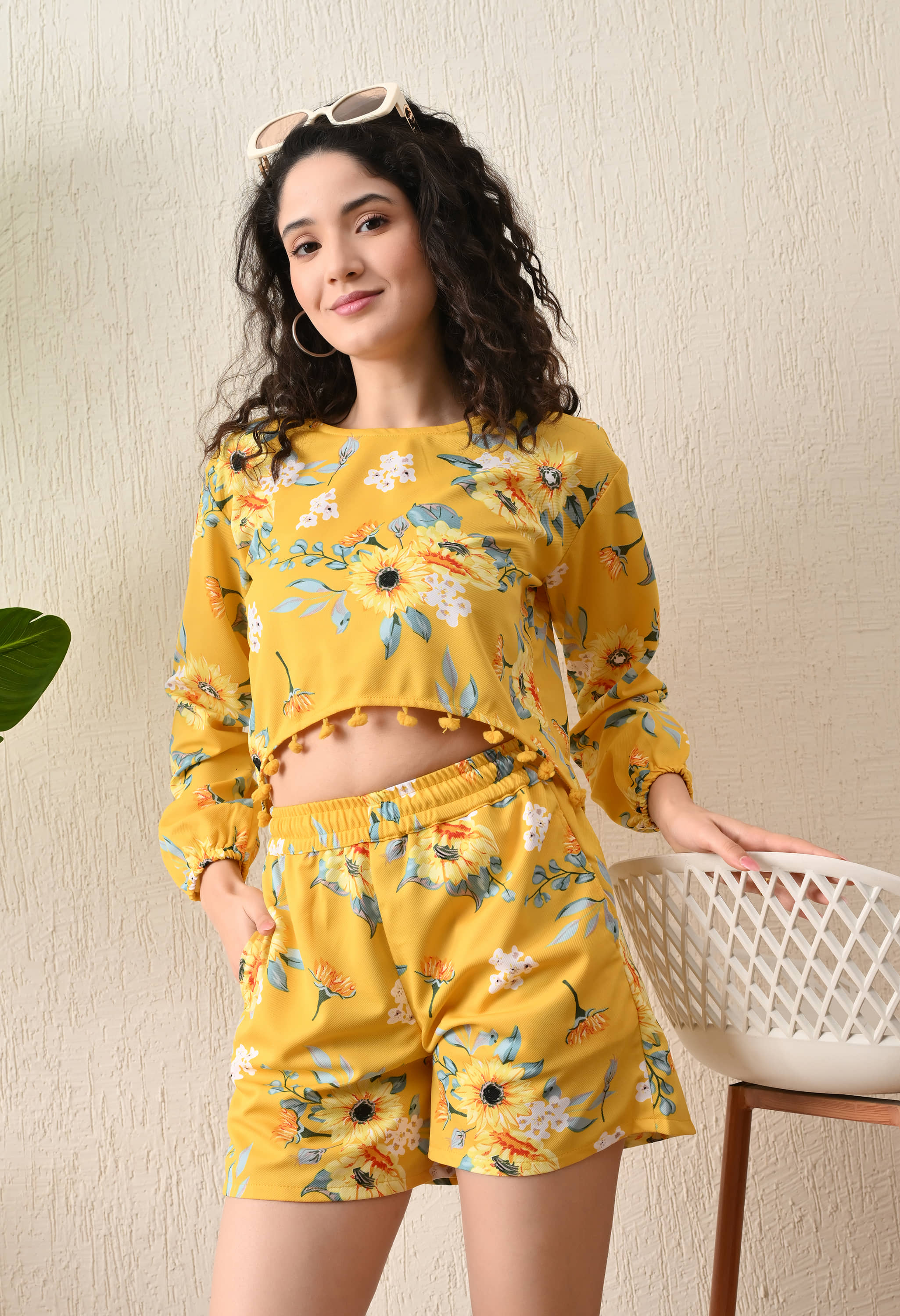 Lihana Women Printed Top With Shorts Co-Ord Set ( Yellow )