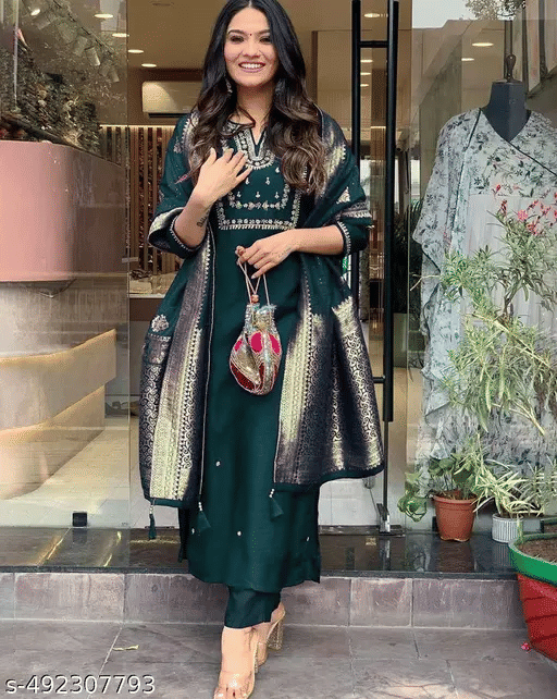 OMICRON FAB Chanderi Embroidered Kurti With Pants Women's Stitched Salwar Suit - Green ( Pack of 1 )