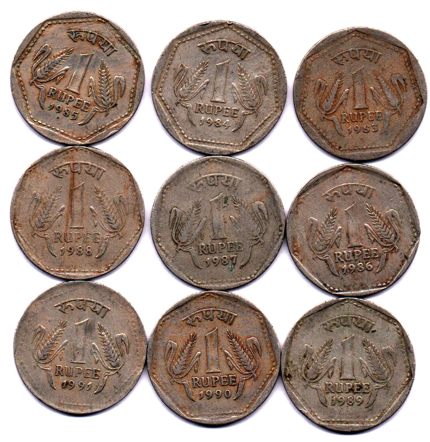RAJACOINS- 1/ ONE / RUPEE /RUPEES 6 GRAMS KOLKATA MINT VERY RARE USED COPPER NICKEL 1983 TO 1991 (9 PCS) COMMEMORATIVE COLLECTIBLE- USED CONDITION RAJACOINS- 1/ ONE / RUPEE /RUPEES 6 GRAMS KOLKATA MINT VERY RARE USED COPPER NICKEL 1983 TO 1991 (9 PCS) COMMEMORATIVE COLLECTIBLE- USED CONDITION