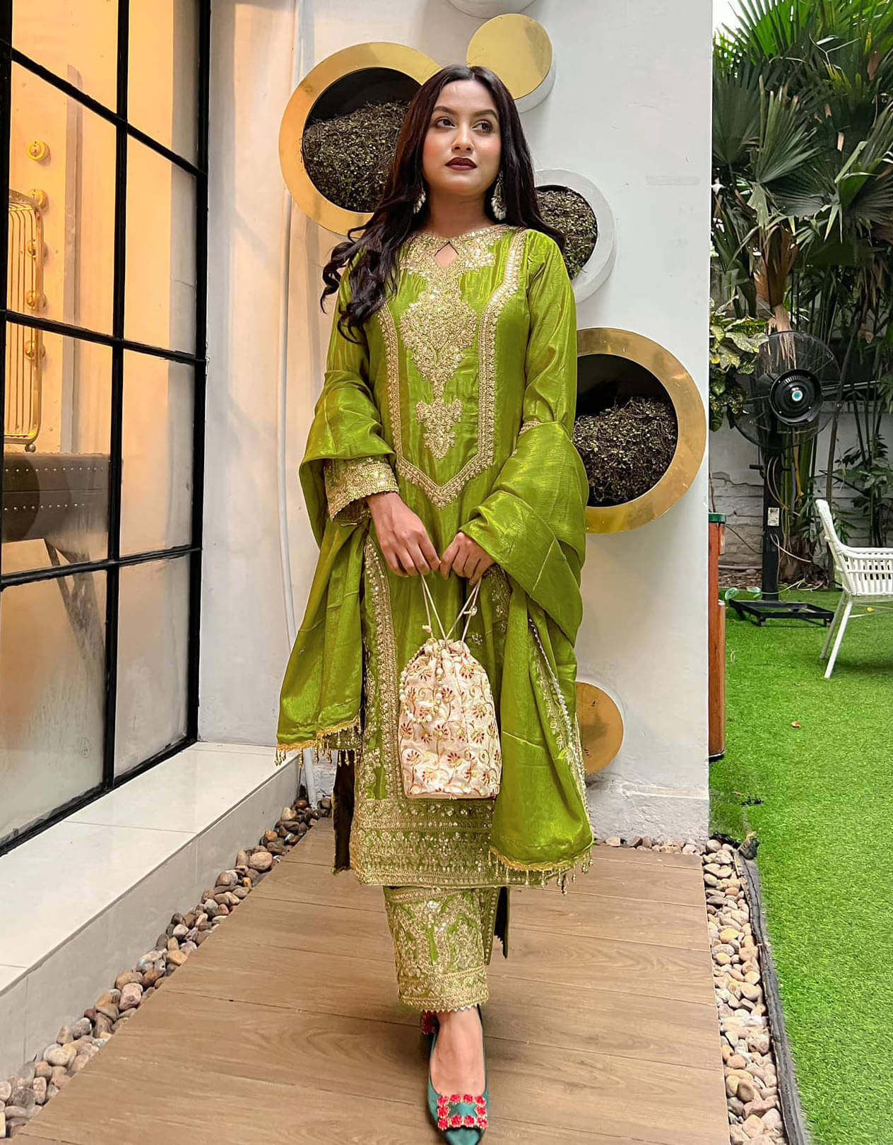     			Trijal Fab Chiffon Embellished Kurti With Pants Women's Stitched Salwar Suit - Green ( Pack of 1 )