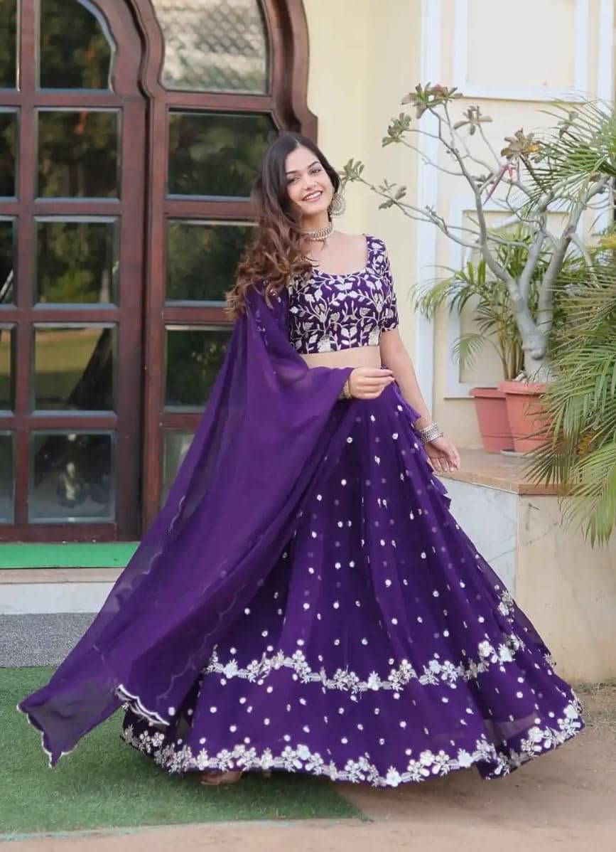     			Trijal Fab Purple Georgette Circular Semi Stitched Lehenga Single