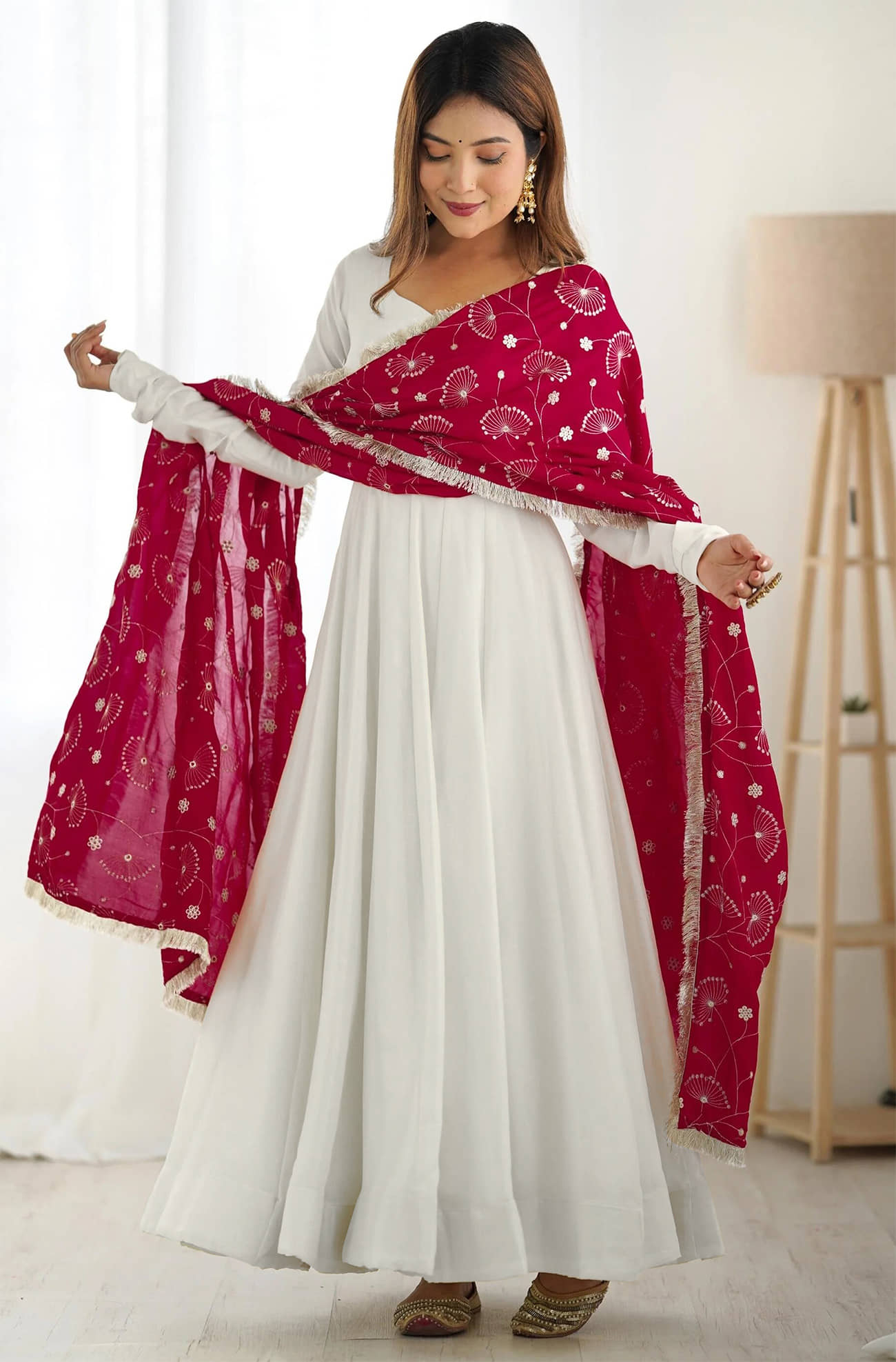 Trijal Fab White Anarkali Georgette Women's Stitched Ethnic Gown ( Pack of 1 ) - Unstitched Fabrics | Buy online on ZillyBuy