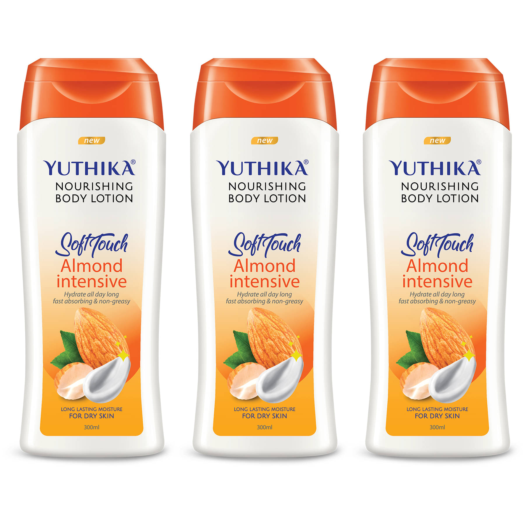 Yuthika Almond Body Lotion for Dry Skin 300ml Pack of 3, Non-Greasy Fast Absorbing & Long Lasting Nourishing Body Lotion Yuthika Almond Body Lotion for Dry Skin 300ml Pack of 3, Non-Greasy Fast Absorbing & Long Lasting Nourishing Body Lotion