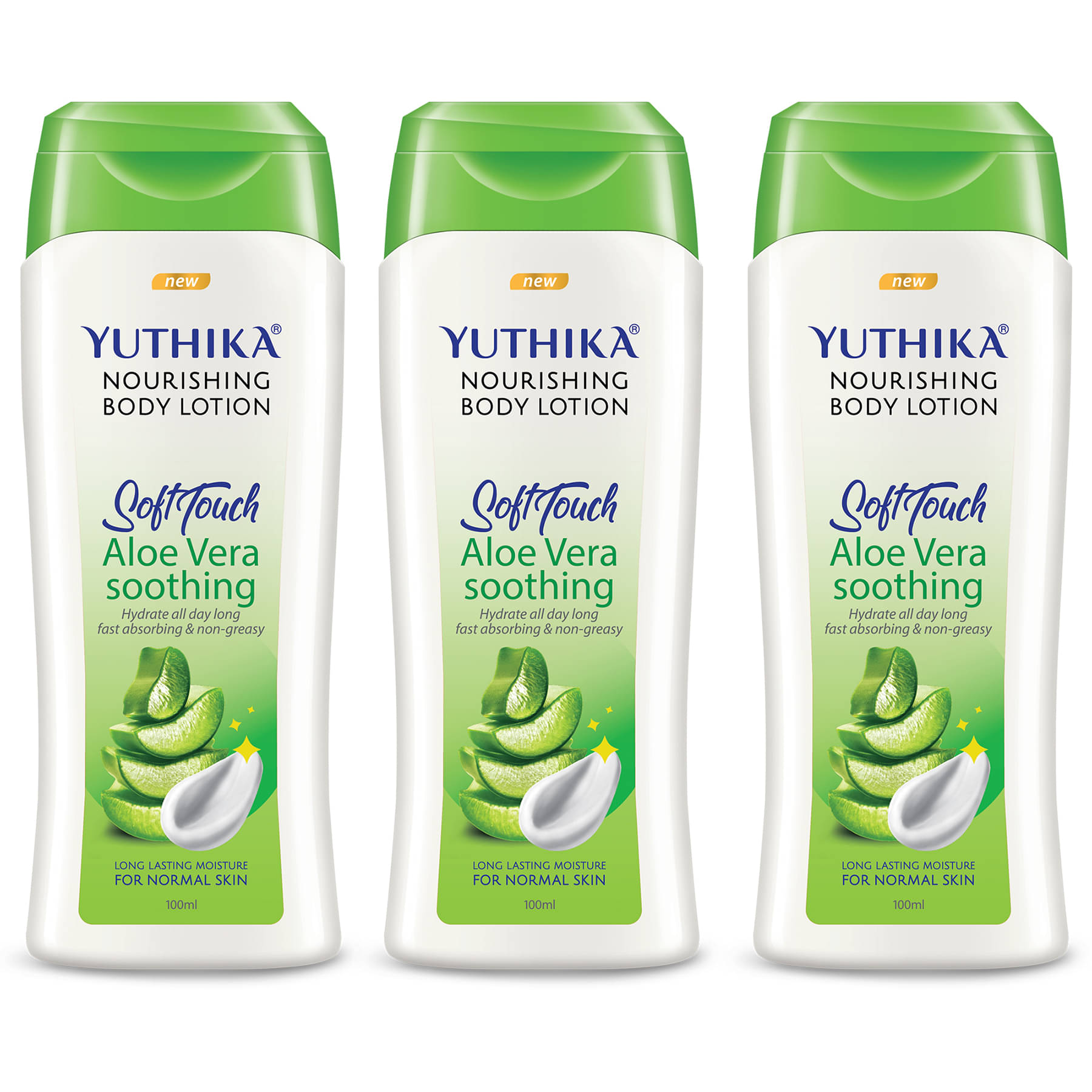Yuthika Aloe Vera Body Lotion 100ml Pack of 3, Instant Hydration, Fast Absorbing & Long Lasting Nourishing Body Lotion Yuthika Aloe Vera Body Lotion 100ml Pack of 3, Instant Hydration, Fast Absorbing & Long Lasting Nourishing Body Lotion