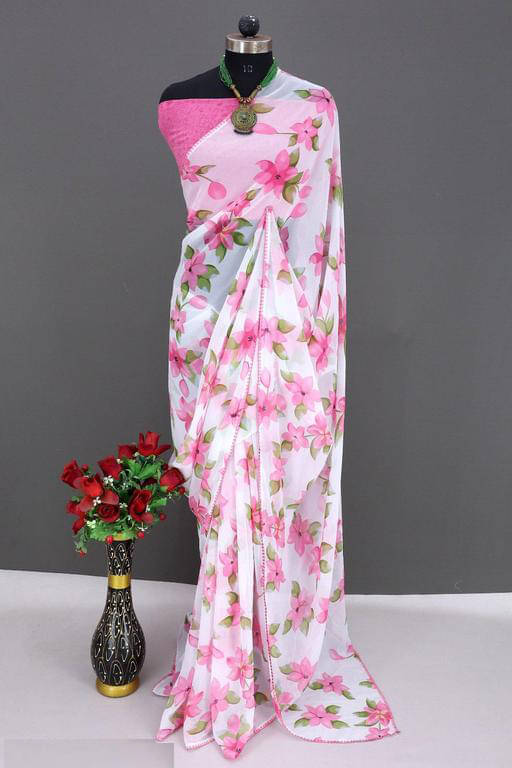 A TO Z CART Georgette Printed Saree With Unstitched Blouse Piece ( Pink ) A TO Z CART Georgette Printed Saree With Unstitched Blouse Piece ( Pink )