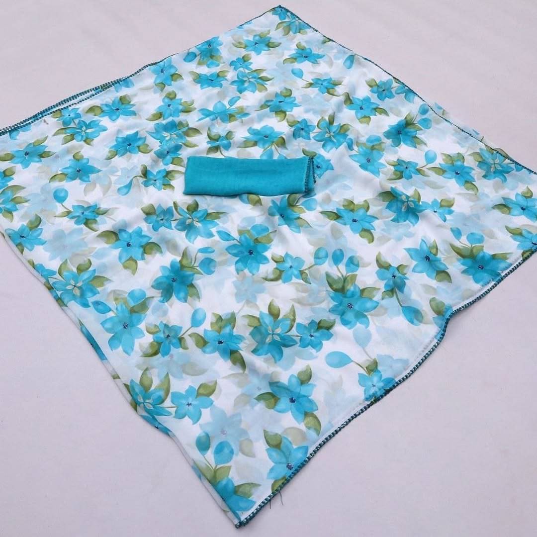 Aika Georgette Printed Saree With Unstitched Blouse Piece ( SkyBlue ) Aika Georgette Printed Saree With Unstitched Blouse Piece ( SkyBlue )