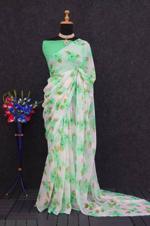     			Aika Georgette Printed Saree With Unstitched Blouse Piece ( Green )