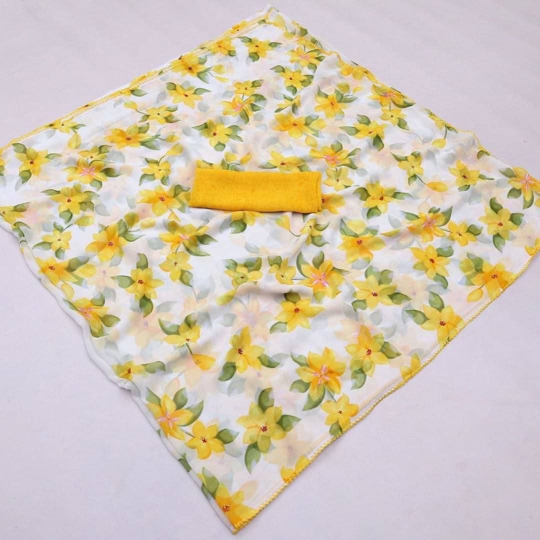 Aika Georgette Printed Saree With Unstitched Blouse Piece ( Yellow ) Aika Georgette Printed Saree With Unstitched Blouse Piece ( Yellow )