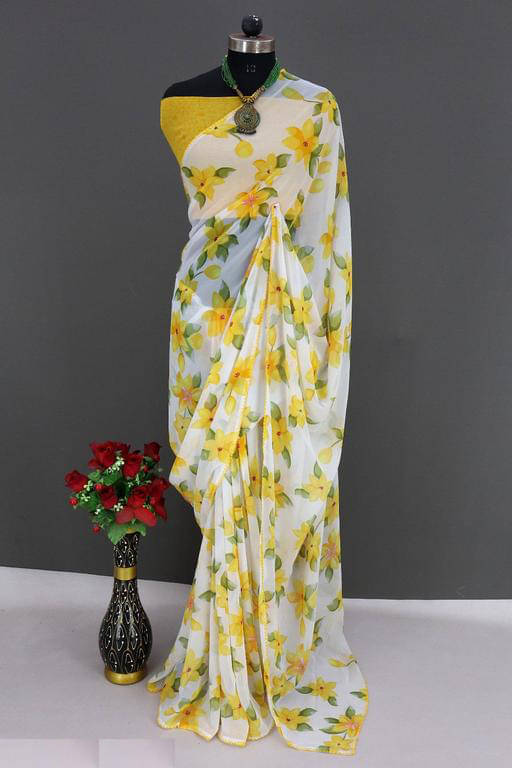     			Apnisha Georgette Printed Saree With Unstitched Blouse Piece ( Yellow )