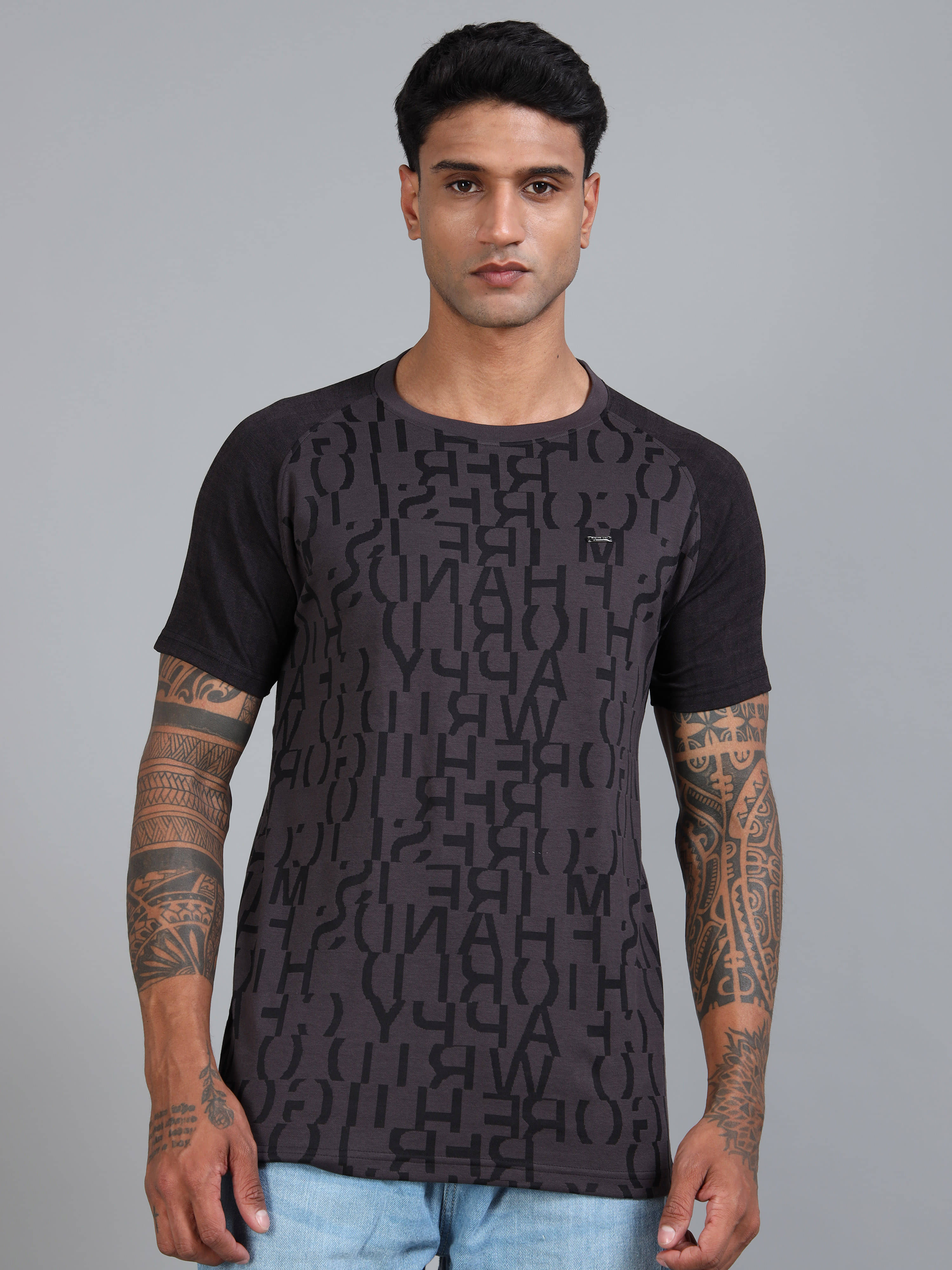     			BLUE ARC Cotton Blend Regular Fit Self Design Half Sleeves Men's Round T-Shirt - Black ( Pack of 1 )