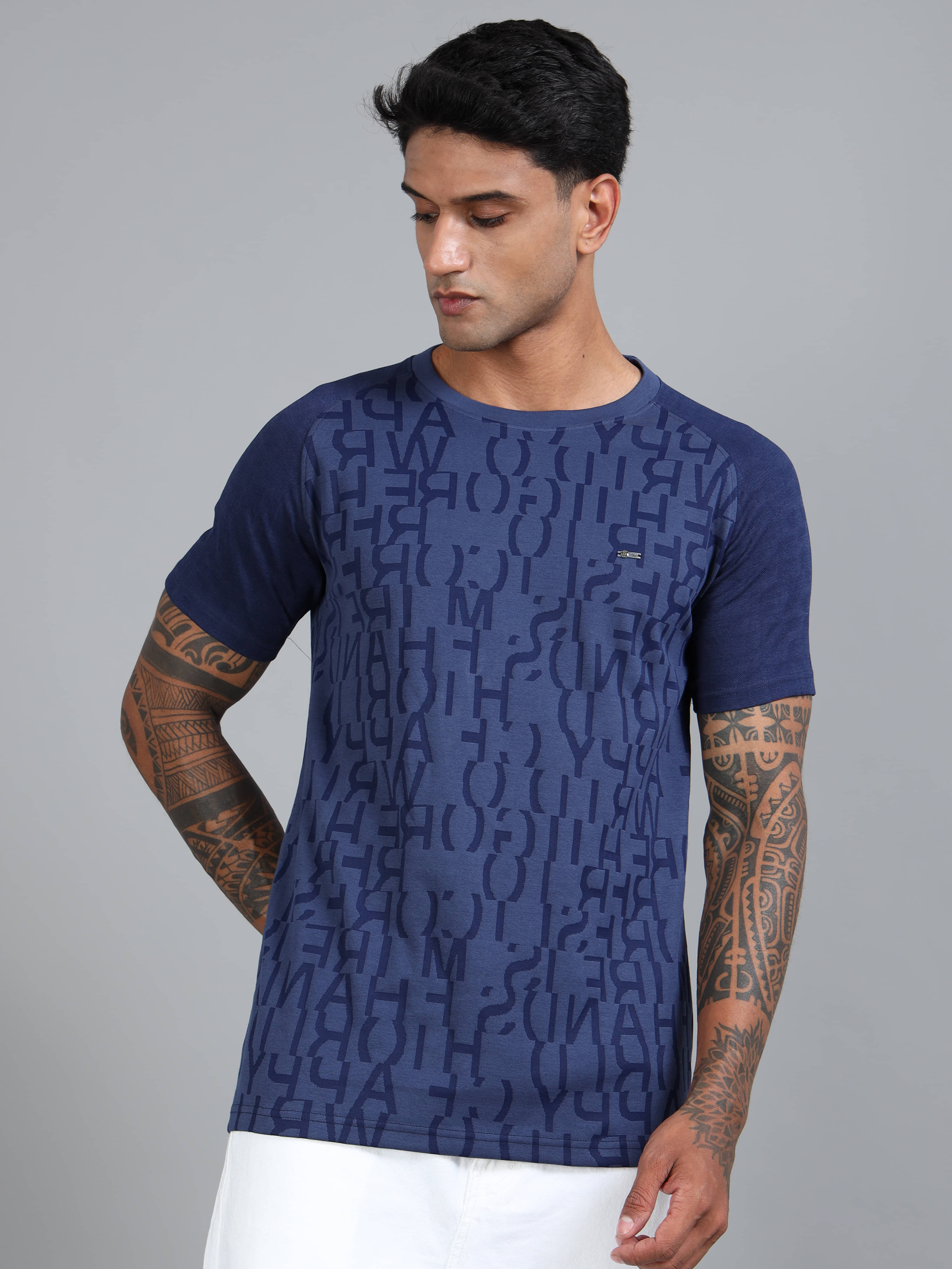 BLUE ARC Cotton Blend Regular Fit Self Design Half Sleeves Men's Round T-Shirt - Navy ( Pack of 1 )     			BLUE ARC Cotton Blend Regular Fit Self Design Half Sleeves Men's Round T-Shirt - Navy ( Pack of 1 )