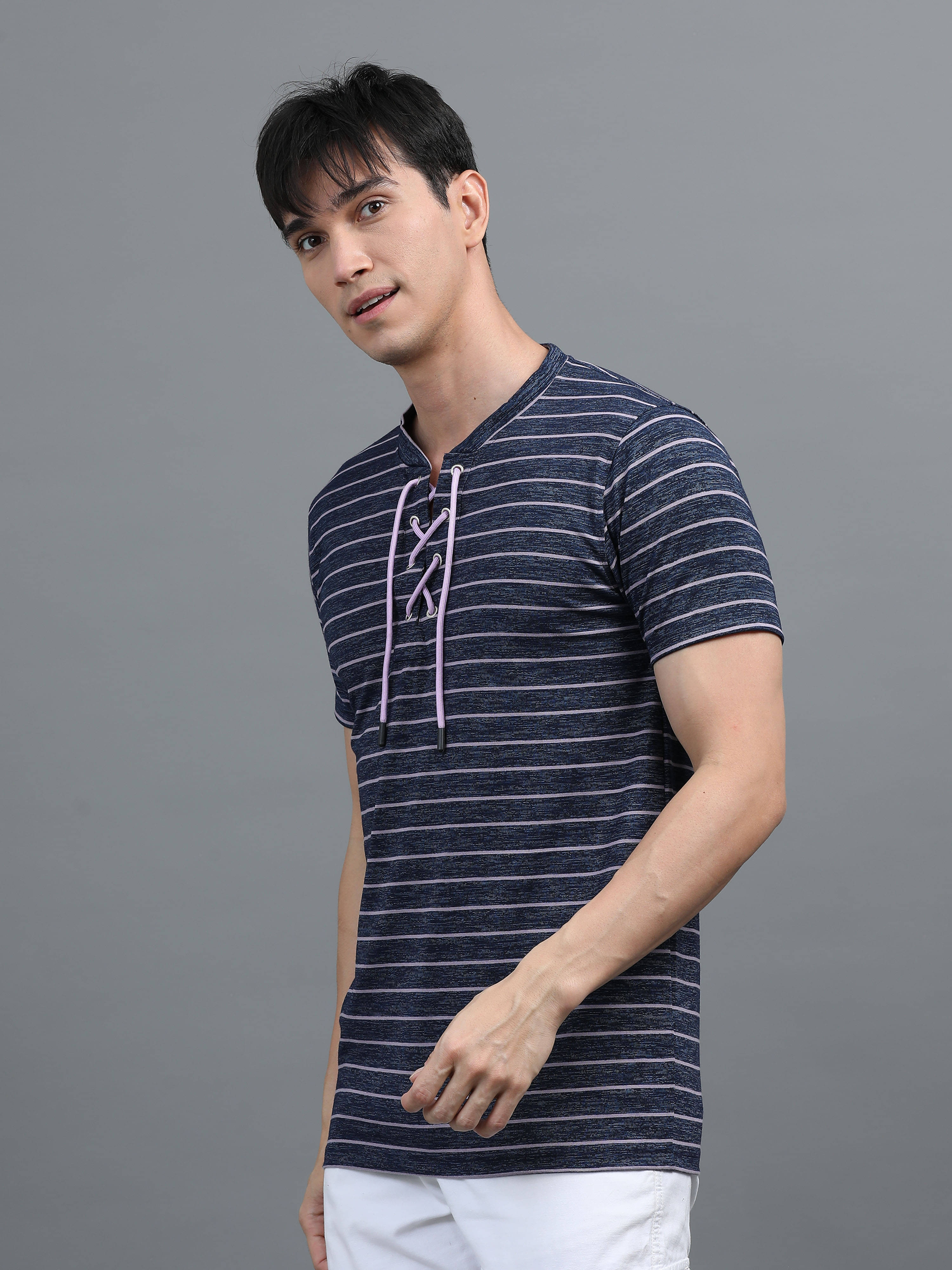 BLUE ARC Cotton Blend Regular Fit Striped Half Sleeves Men's V-Neck T-Shirt - Purple ( Pack of 1 )     			BLUE ARC Cotton Blend Regular Fit Striped Half Sleeves Men's V-Neck T-Shirt - Purple ( Pack of 1 )