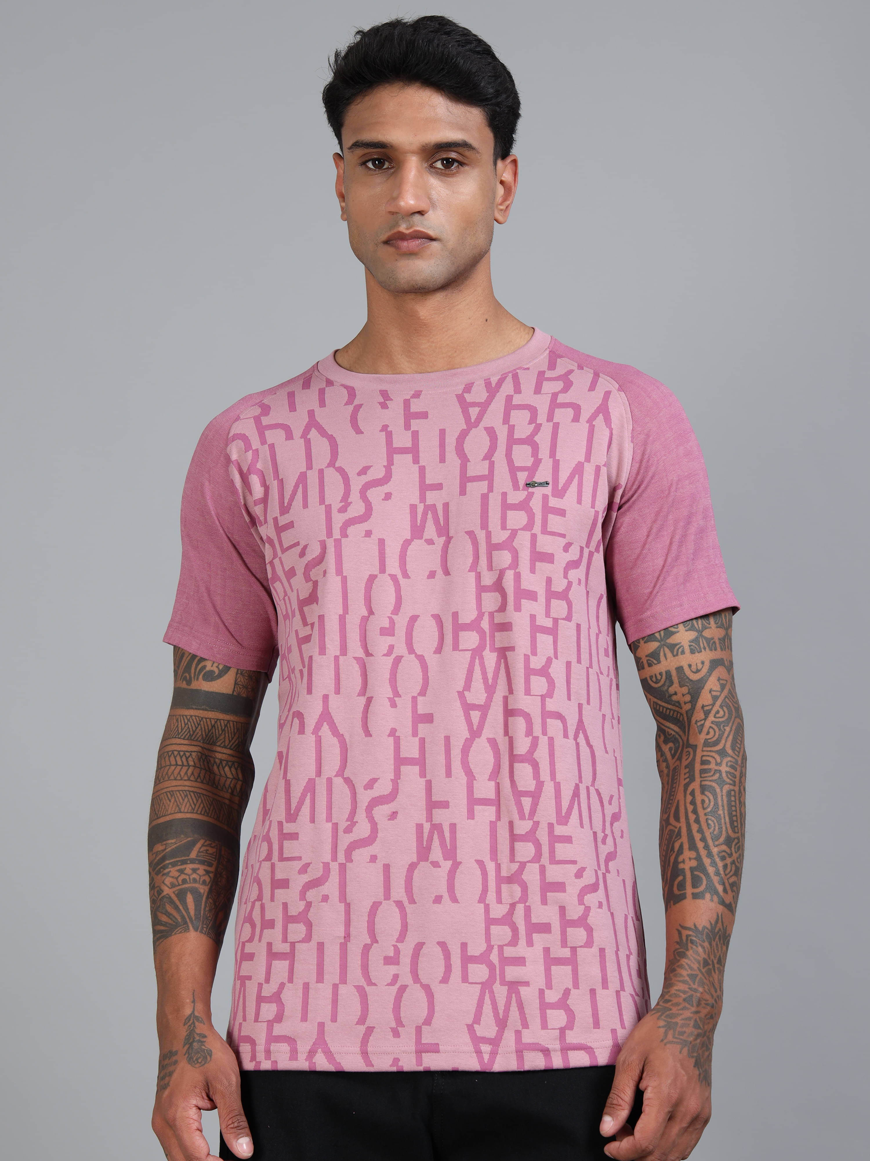 BLUE ARC Cotton Blend Regular Fit Self Design Half Sleeves Men's Round T-Shirt - Pink ( Pack of 1 ) BLUE ARC Cotton Blend Regular Fit Self Design Half Sleeves Men's Round T-Shirt - Pink ( Pack of 1 )