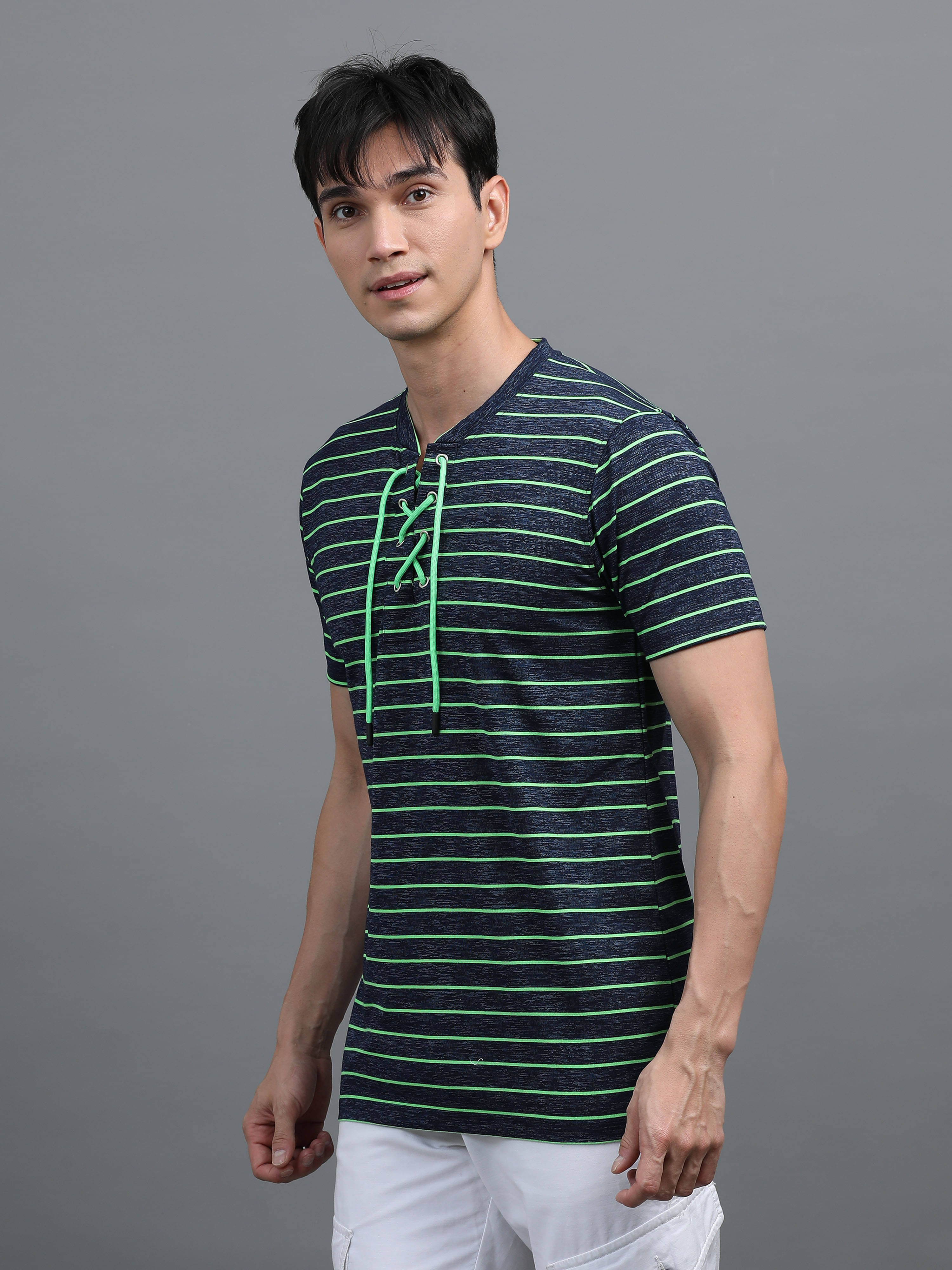 BLUE ARC Cotton Blend Regular Fit Striped Half Sleeves Men's V-Neck T-Shirt - Green ( Pack of 1 )     			BLUE ARC Cotton Blend Regular Fit Striped Half Sleeves Men's V-Neck T-Shirt - Green ( Pack of 1 )