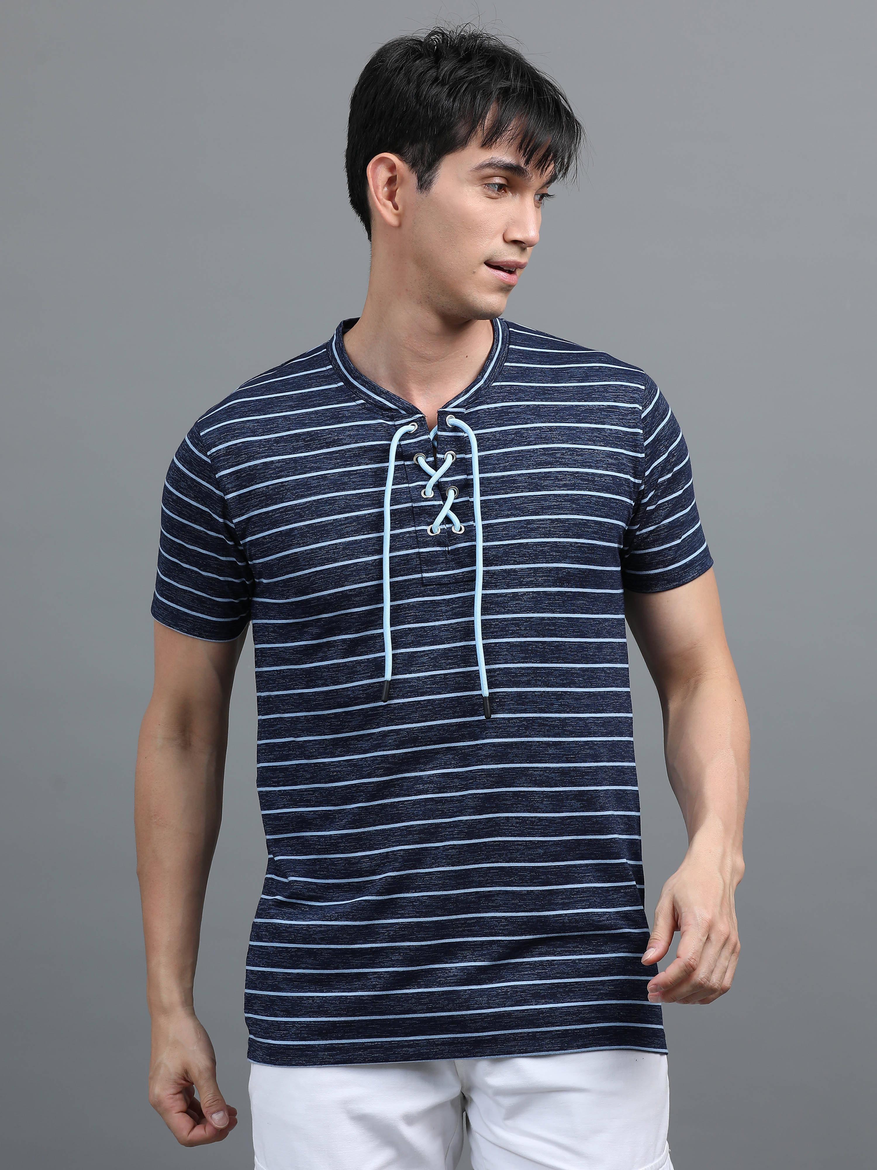 BLUE ARC Cotton Blend Regular Fit Striped Half Sleeves Men's V-Neck T-Shirt - Blue ( Pack of 1 ) BLUE ARC Cotton Blend Regular Fit Striped Half Sleeves Men's V-Neck T-Shirt - Blue ( Pack of 1 )