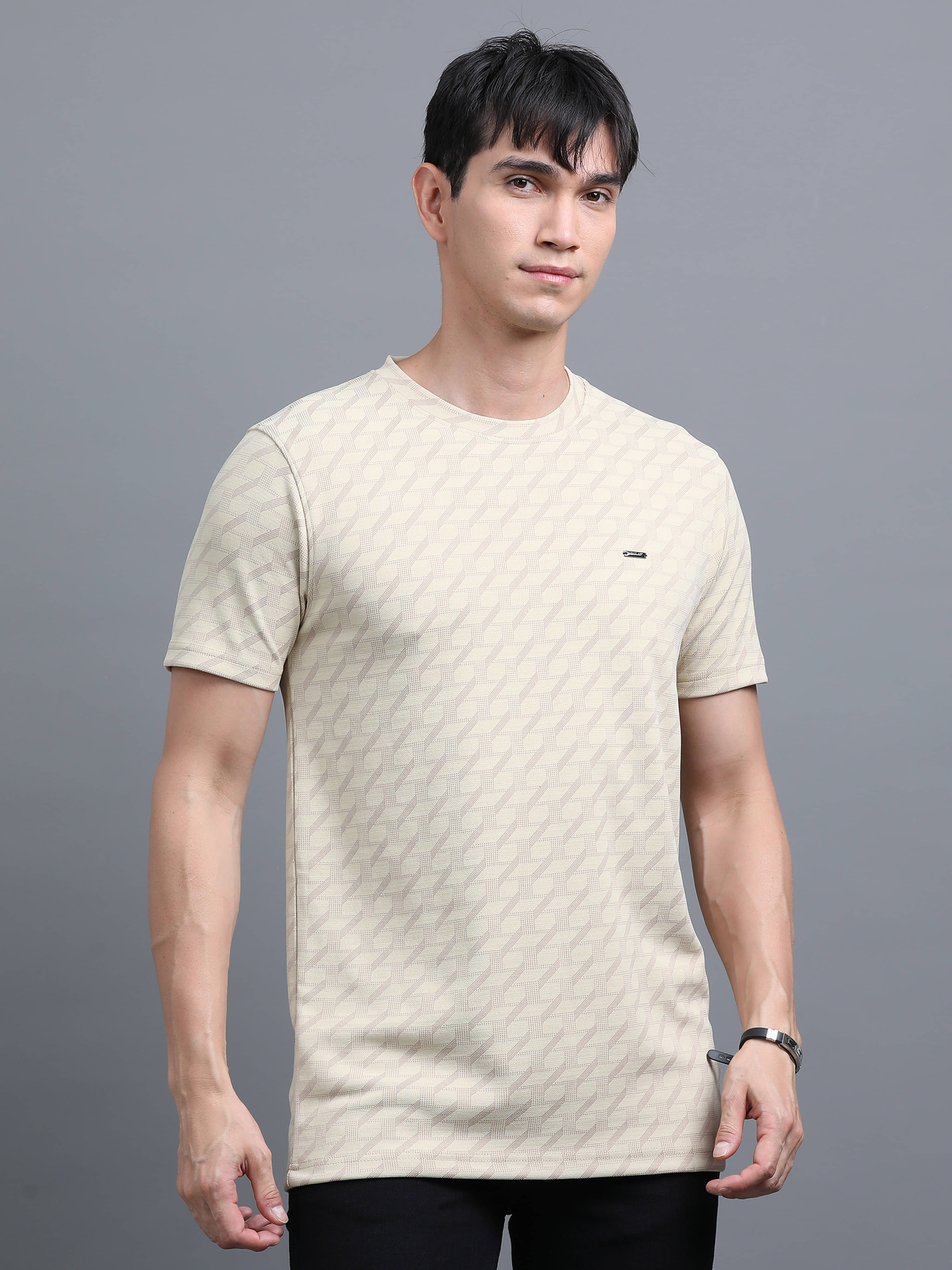     			BLUE ARC Polyester Regular Fit Self Design Half Sleeves Men's Round T-Shirt - Beige ( Pack of 1 )