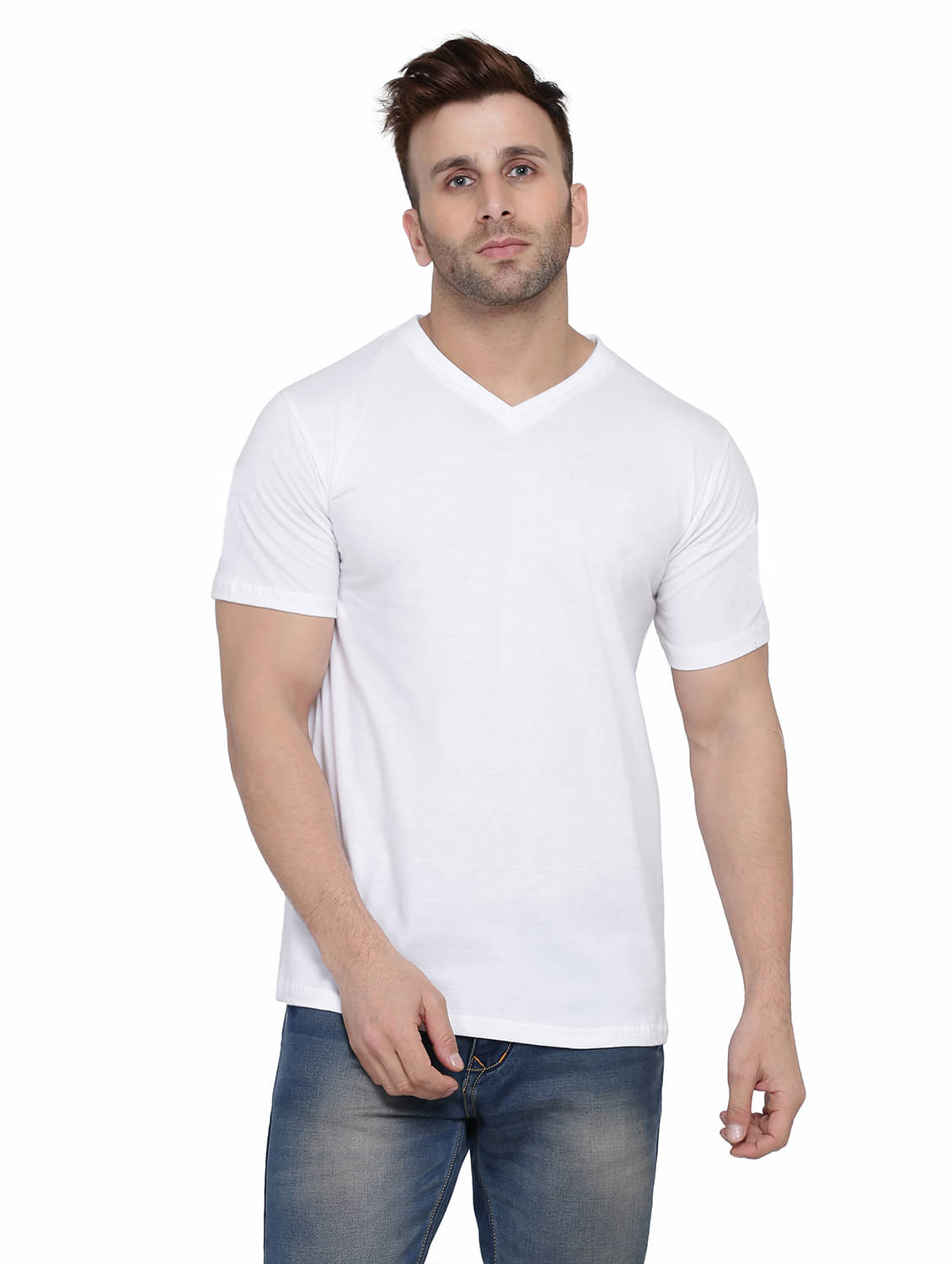     			Beyou Fashion Cotton Blend Regular Fit Solid Half Sleeves Men's V-Neck T-Shirt - White ( Pack of 1 )