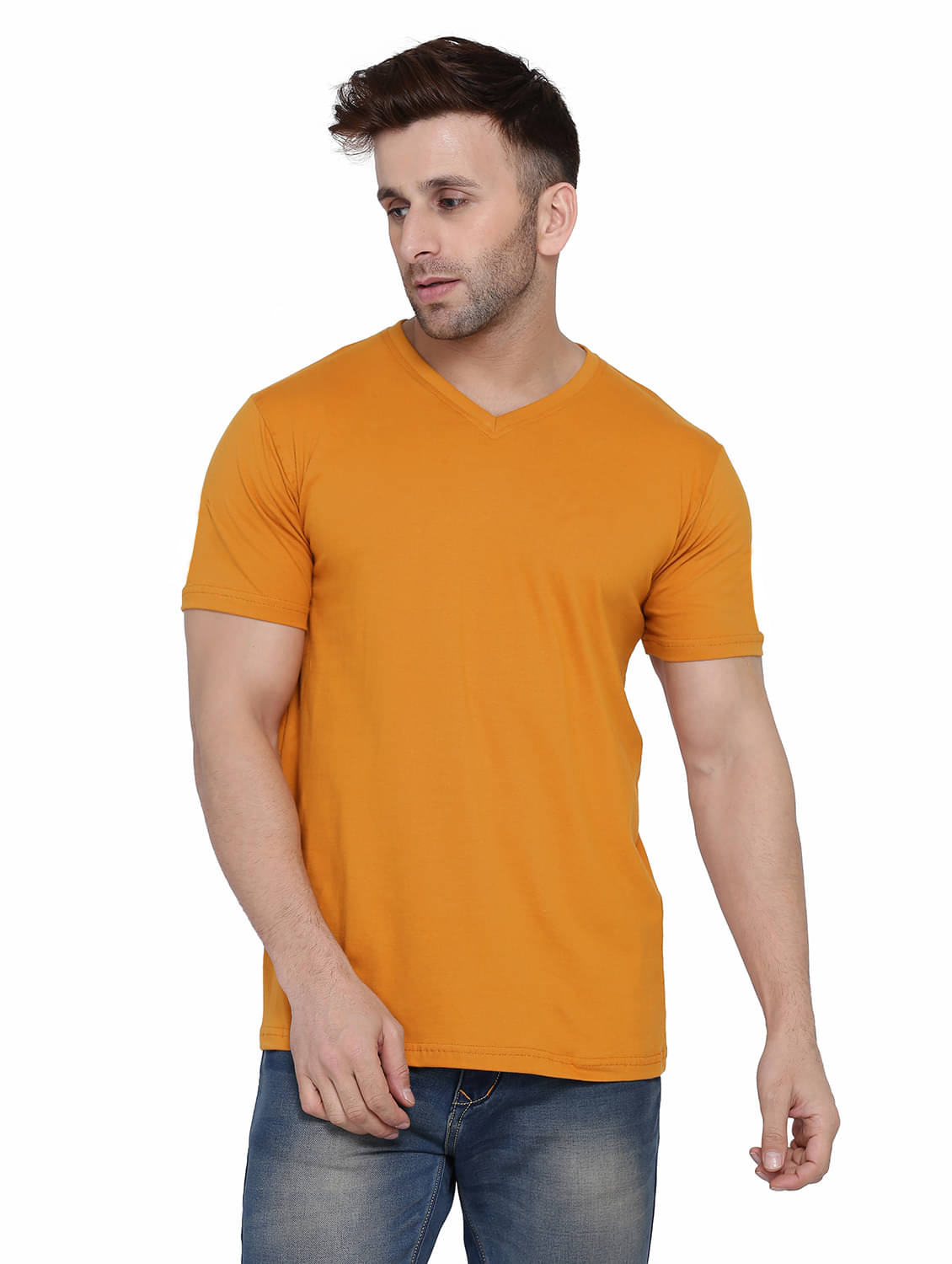 Beyou Fashion Cotton Blend Regular Fit Solid Half Sleeves Men's V-Neck T-Shirt - Gold ( Pack of 1 ) Beyou Fashion Cotton Blend Regular Fit Solid Half Sleeves Men's V-Neck T-Shirt - Gold ( Pack of 1 )