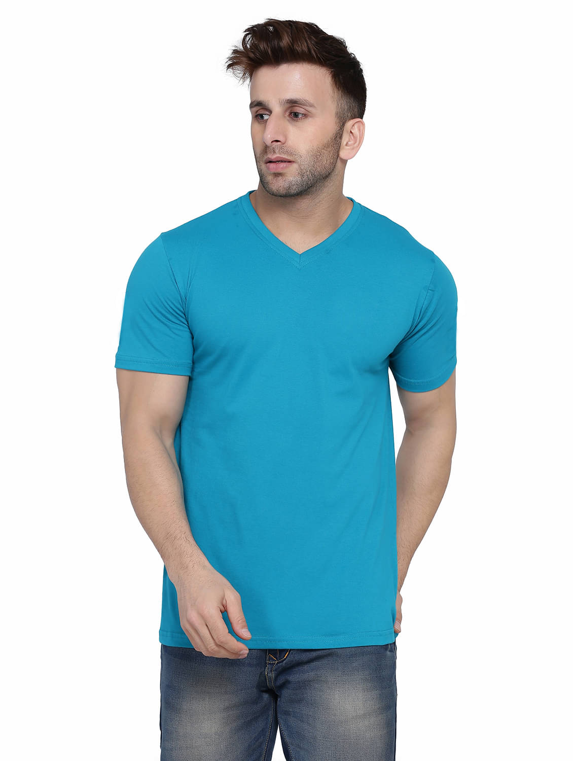     			Beyou Fashion Cotton Blend Regular Fit Solid Half Sleeves Men's V-Neck T-Shirt - Turquoise ( Pack of 1 )