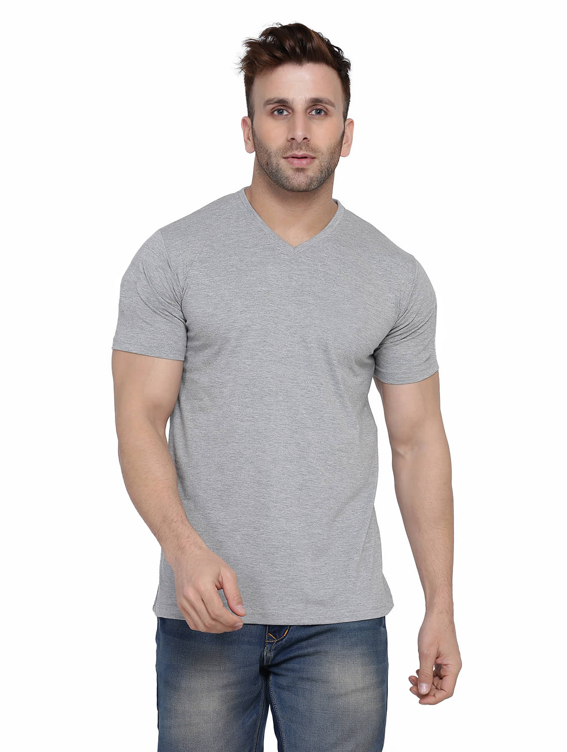 Beyou Fashion Cotton Blend Regular Fit Solid Half Sleeves Men's V-Neck T-Shirt - Silver ( Pack of 1 ) Beyou Fashion Cotton Blend Regular Fit Solid Half Sleeves Men's V-Neck T-Shirt - Silver ( Pack of 1 )