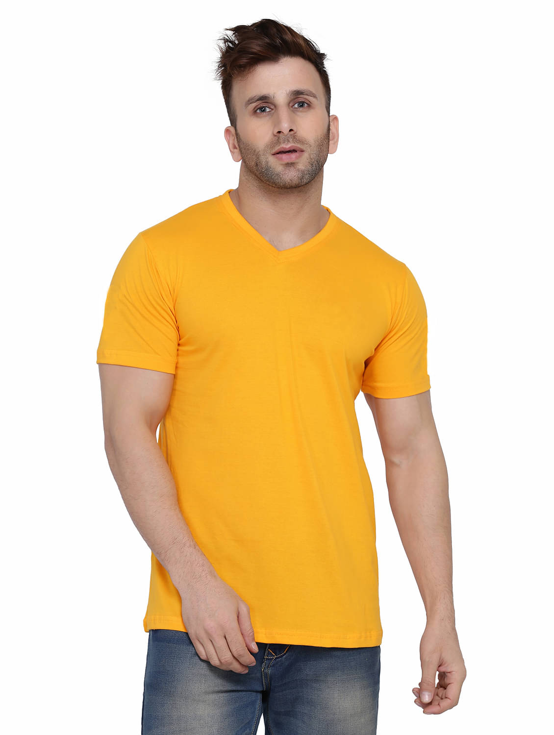 Beyou Fashion Cotton Blend Regular Fit Solid Half Sleeves Men's V-Neck T-Shirt - Yellow ( Pack of 1 ) Beyou Fashion Cotton Blend Regular Fit Solid Half Sleeves Men's V-Neck T-Shirt - Yellow ( Pack of 1 )