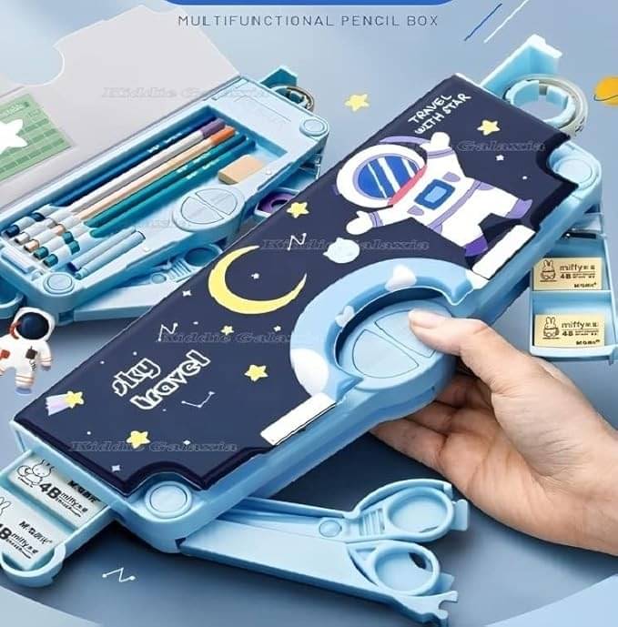     			Eclet Theme Buttons Operated Magnetic Pencil Stationery Box (with Accessories) Space Theme Trending Return Gift Geometry Compass Box for School Students Art Plastic Pencil Box  (Set of 1, Dark Blue)