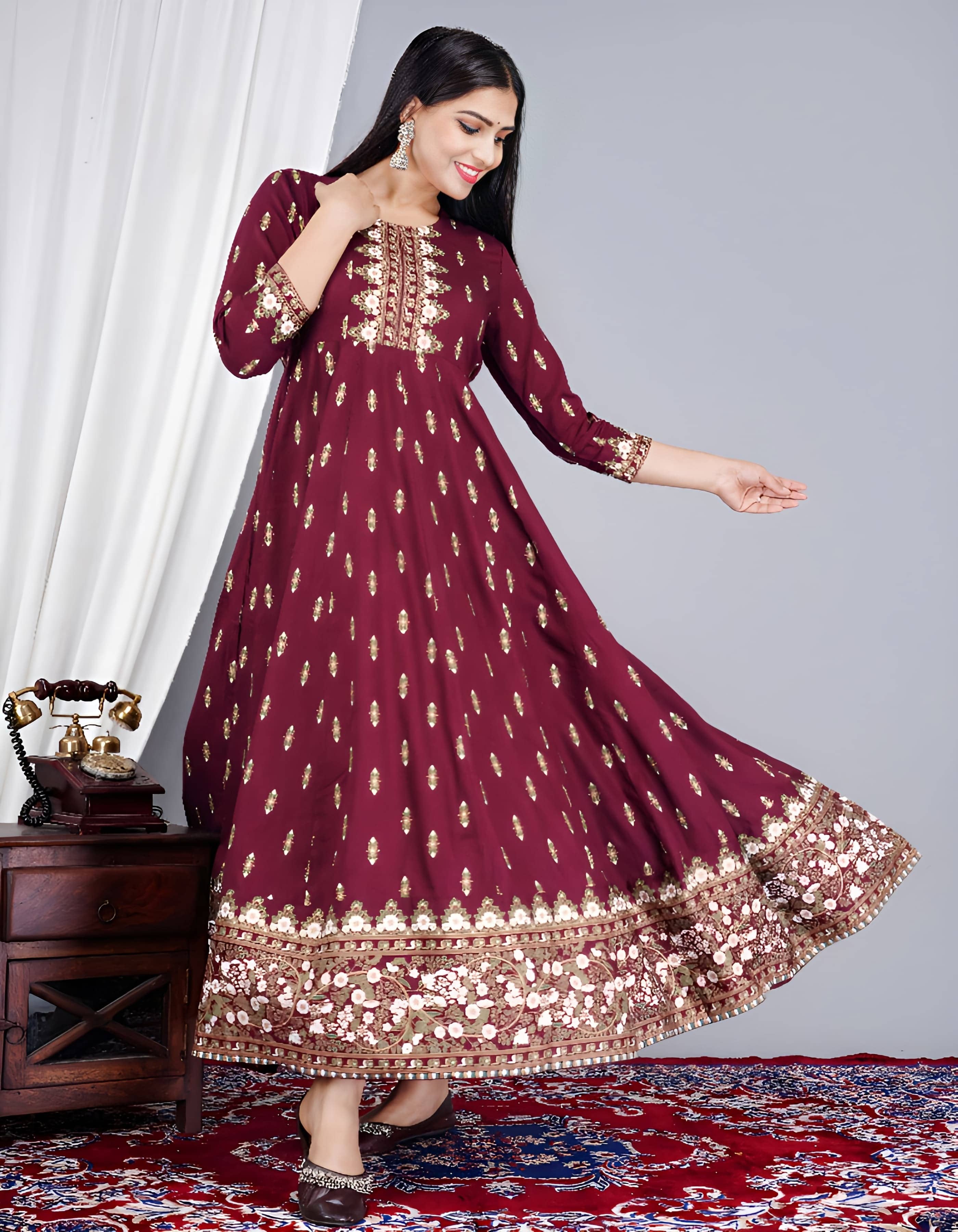 First Affair Pack of 1 Viscose Printed Anarkali Women's Kurti - ( Maroon ) - Kurtis, Tunics | Buy online on ZillyBuy