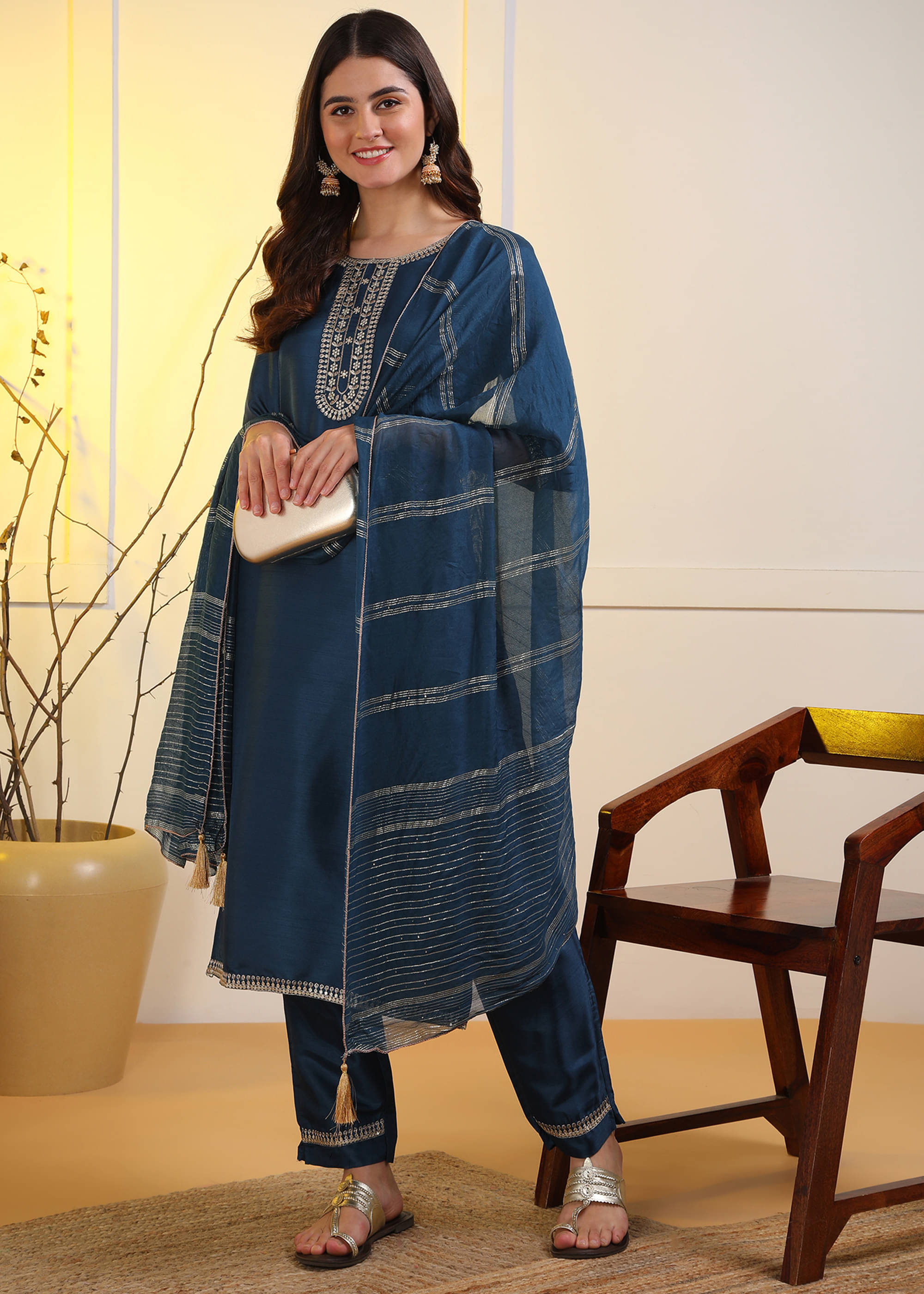     			Hiva Trendz Women Silk Blend Embroidered Straight Kurti With Pants ( Blue )