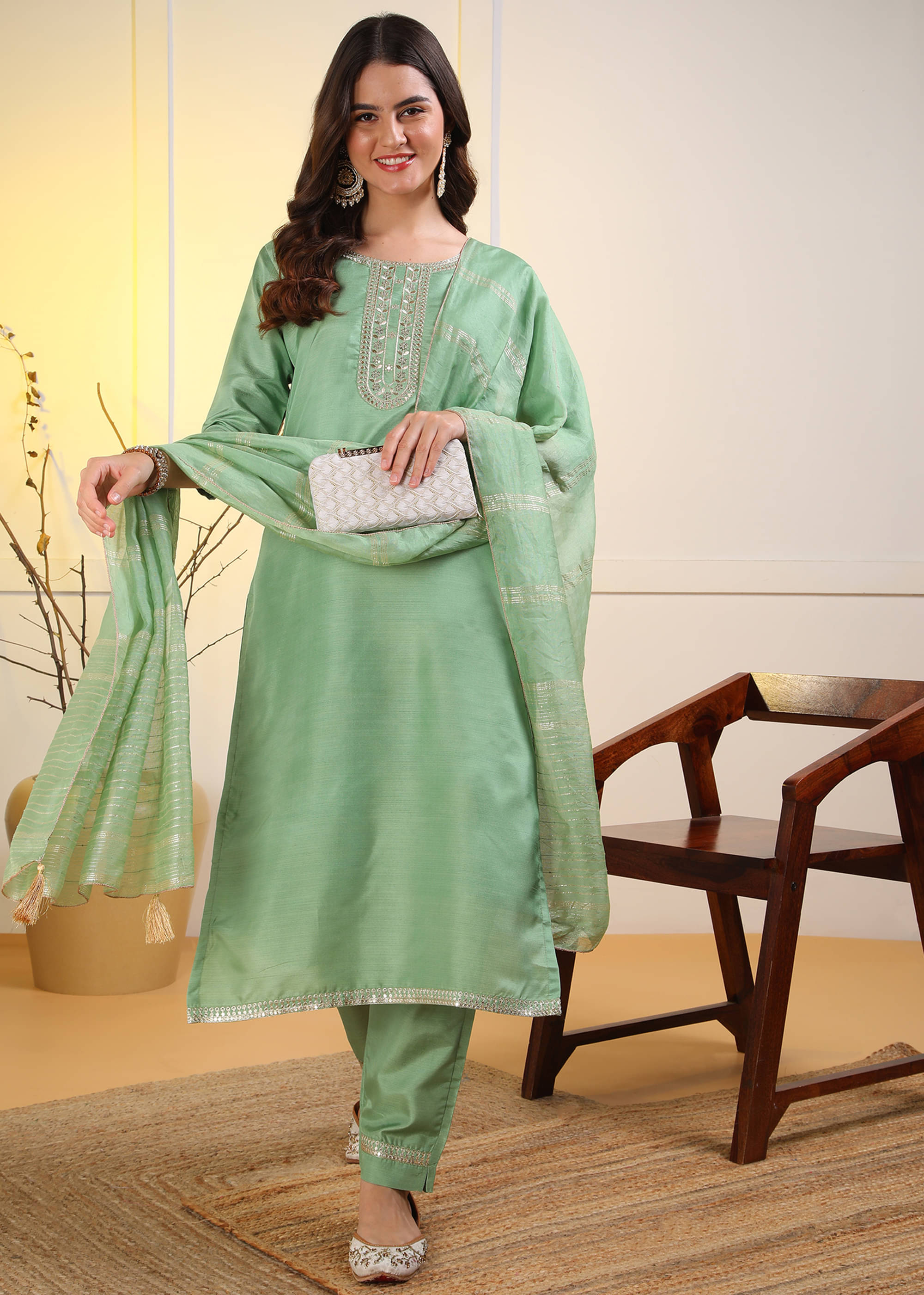     			Hiva Trendz Women Silk Blend Embroidered Straight Kurti With Pants ( Mint Green )