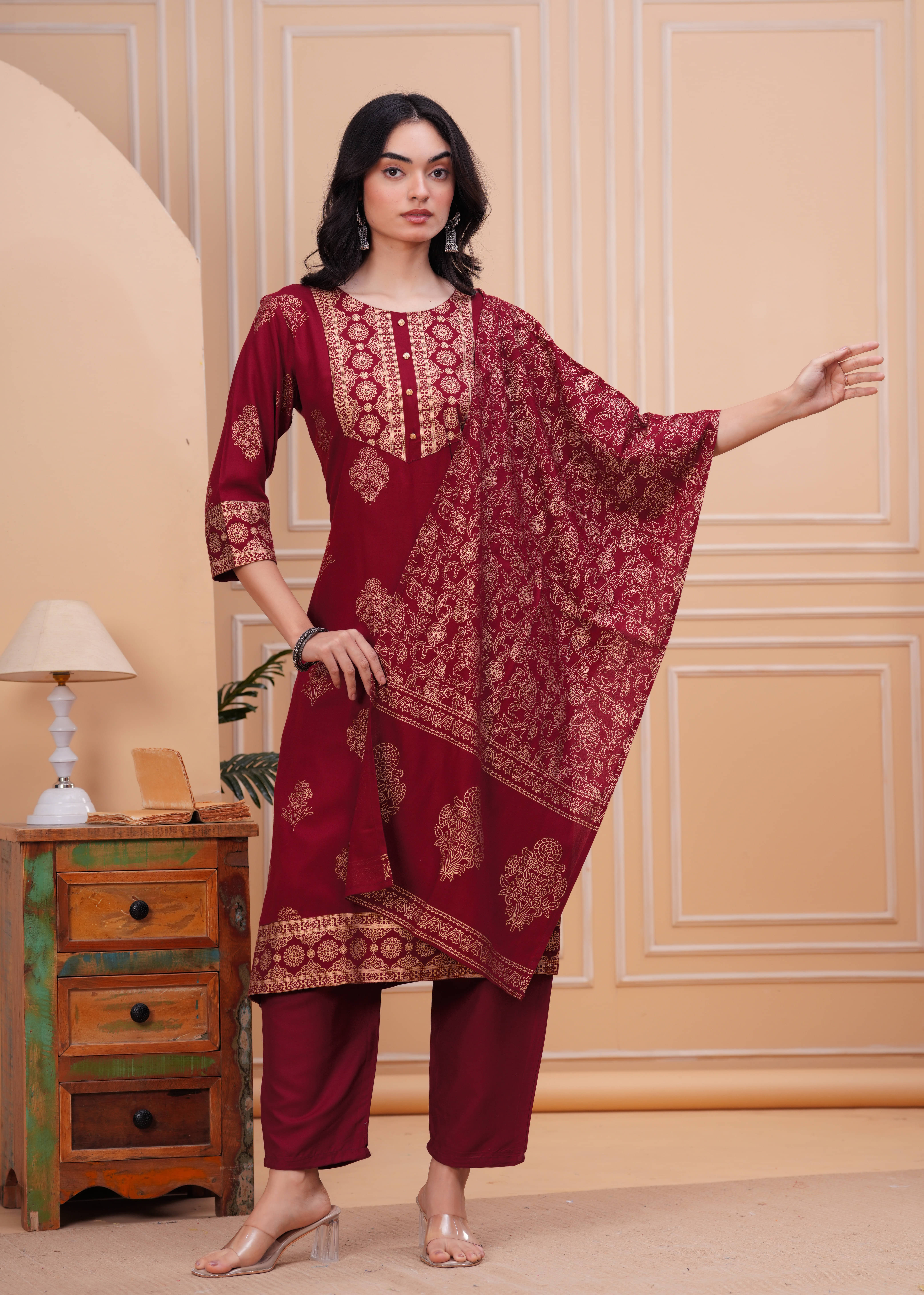 JC4U Rayon Printed Kurti With Pants Women's Stitched Salwar Suit - Maroon ( Pack of 1 ) JC4U Rayon Printed Kurti With Pants Women's Stitched Salwar Suit - Maroon ( Pack of 1 )