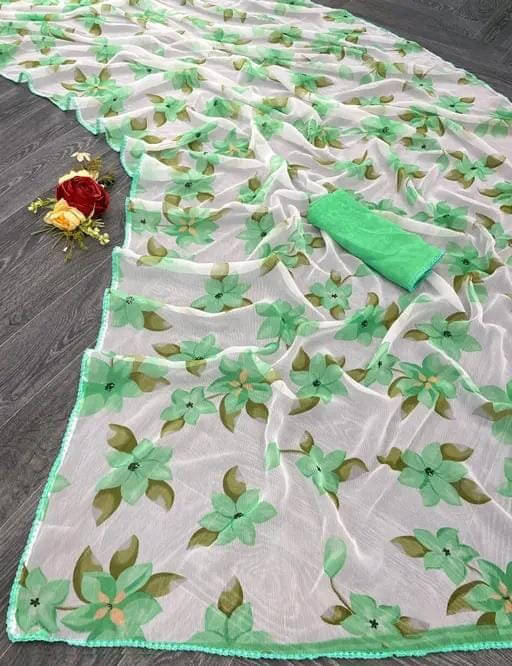     			JULEE Georgette Printed Saree With Unstitched Blouse Piece ( Green )
