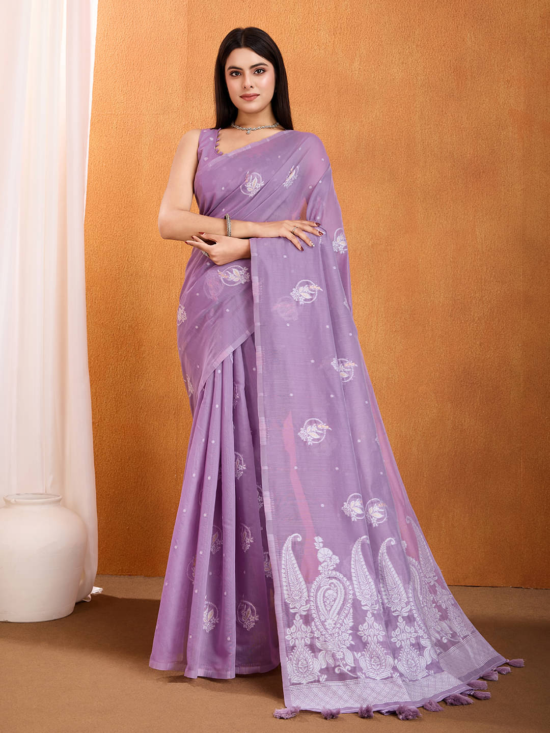     			MANTROTSAV Cotton Blend Printed Saree With Unstitched Blouse Piece ( Purple )