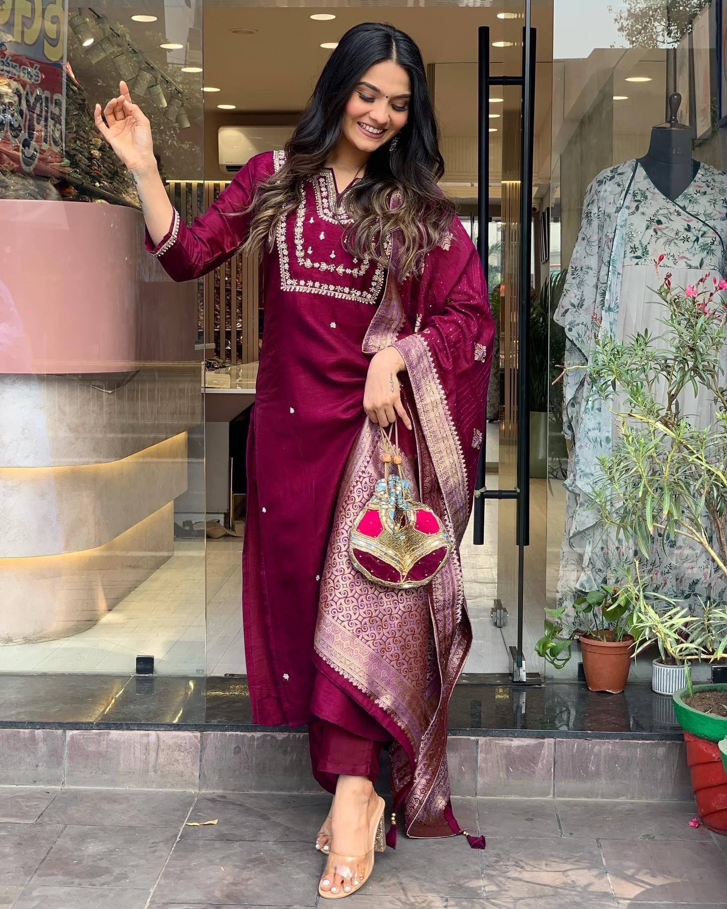     			Mahek Fashion Chanderi Embroidered Kurti With Pants Women's Stitched Salwar Suit - Maroon ( Pack of 1 )