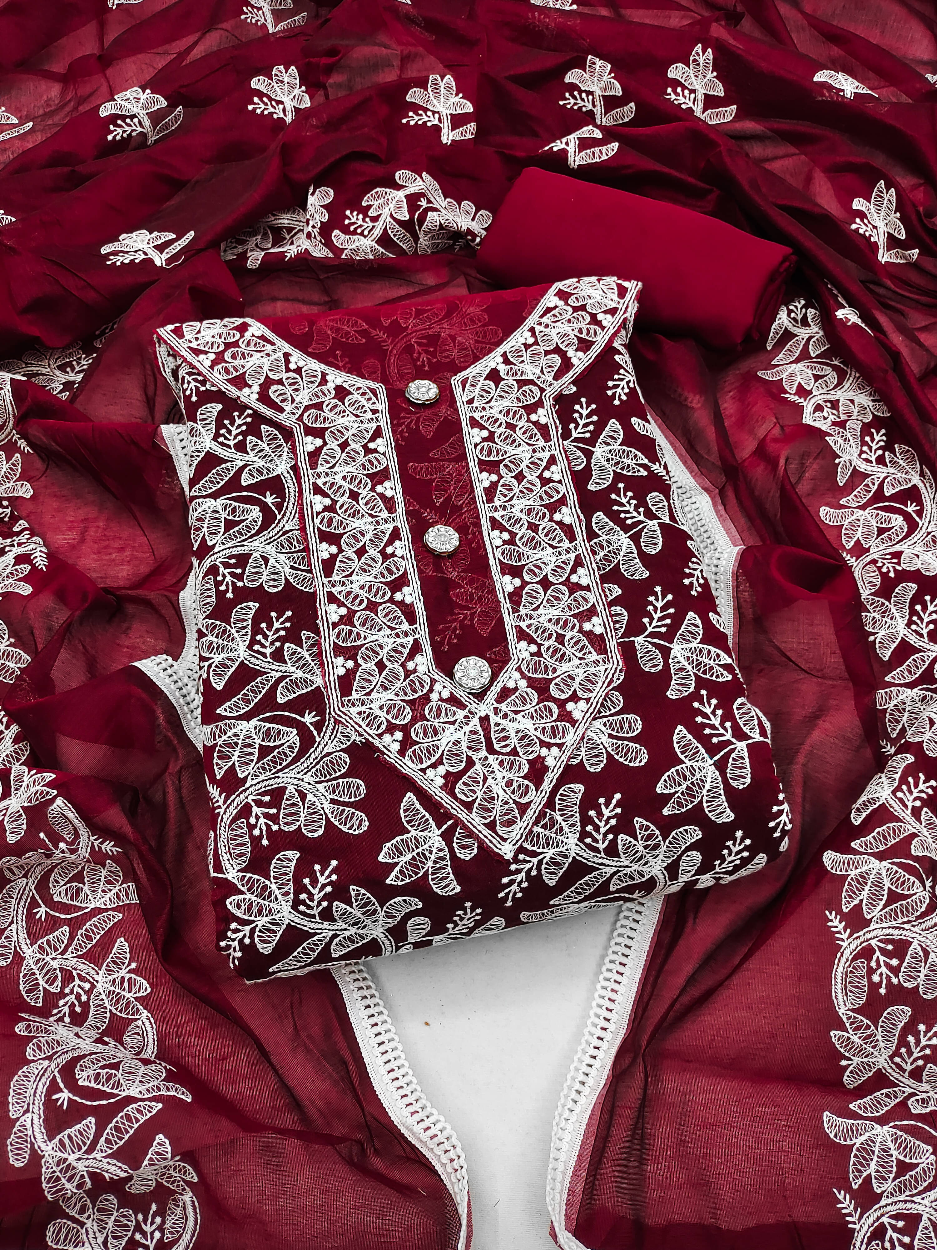 Nayanthara Trends Unstitched Chanderi Embroidered Dress Material - Maroon ( Pack of 1 ) Nayanthara Trends Unstitched Chanderi Embroidered Dress Material - Maroon ( Pack of 1 )