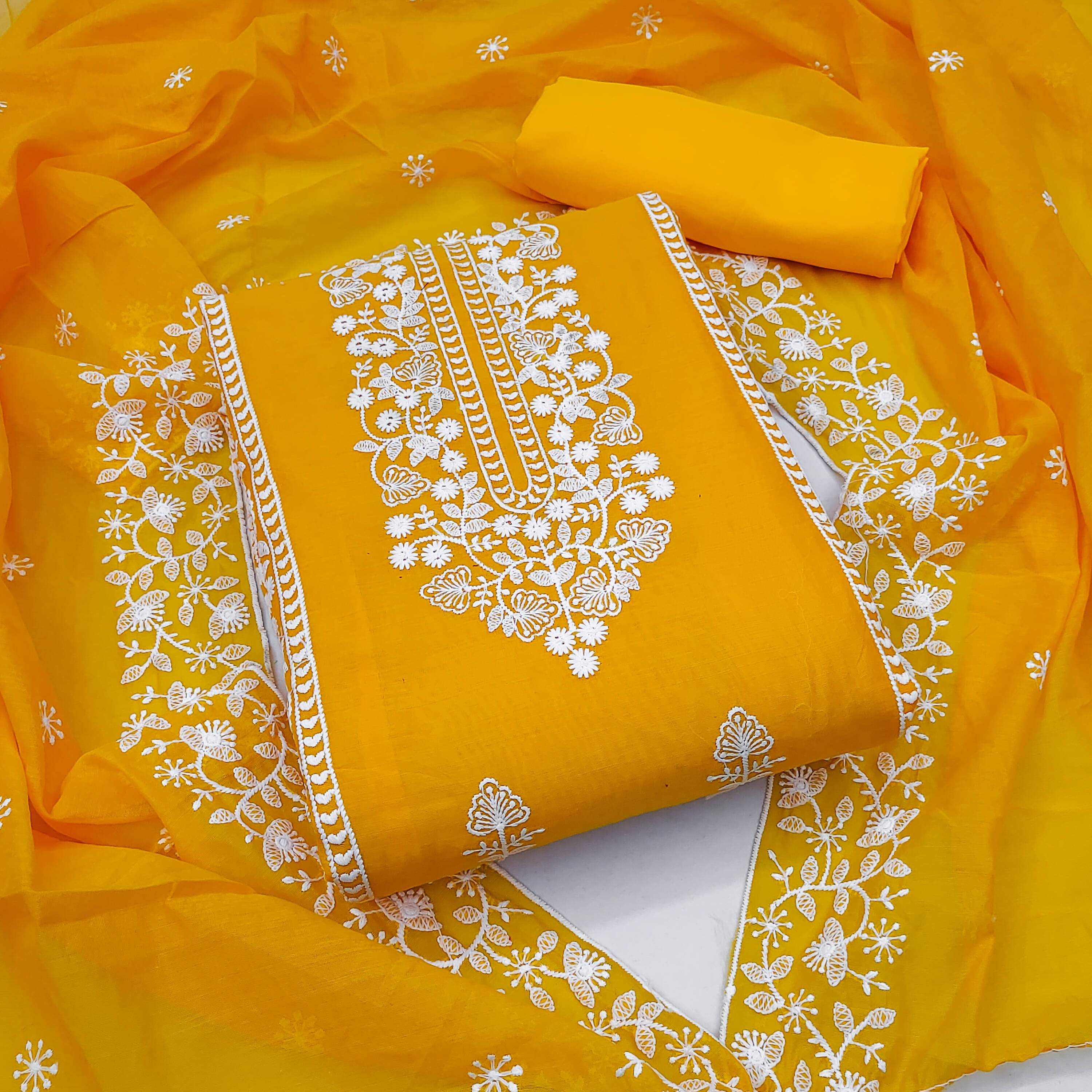     			Nayanthara Trends Unstitched Chanderi Embroidered Dress Material - Mustard ( Pack of 1 )
