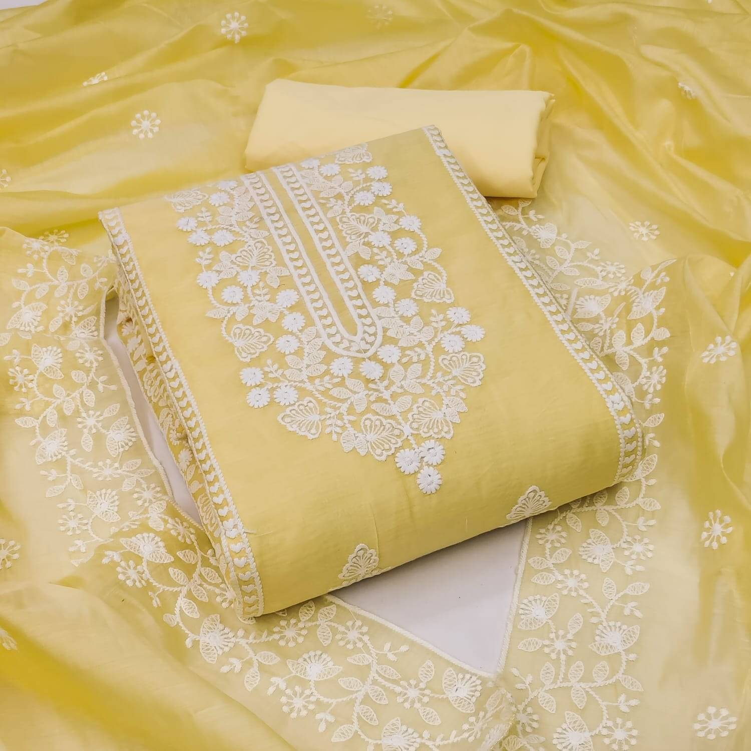 Nayanthara Trends Unstitched Chanderi Embroidered Dress Material - Yellow ( Pack of 1 ) Nayanthara Trends Unstitched Chanderi Embroidered Dress Material - Yellow ( Pack of 1 )