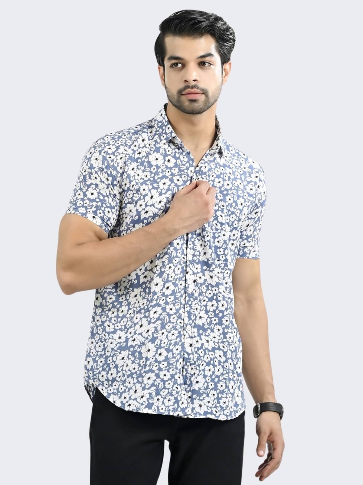 QuaClo Silk Slim Fit Printed Half Sleeves Men's Casual Shirt - Light Blue ( Pack of 1 )     			QuaClo Silk Slim Fit Printed Half Sleeves Men's Casual Shirt - Light Blue ( Pack of 1 )