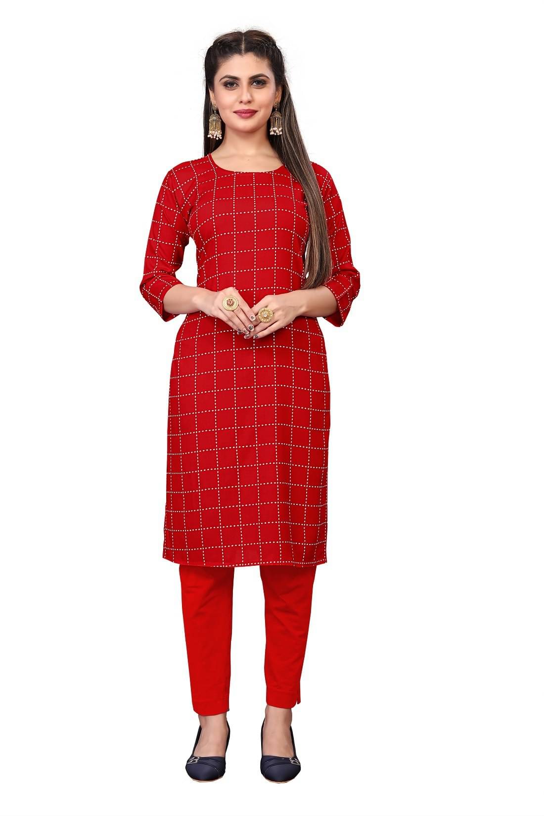     			RUNAYA NX Pack of 1 Viscose Rayon Printed A-line Women's Kurti - ( Red )