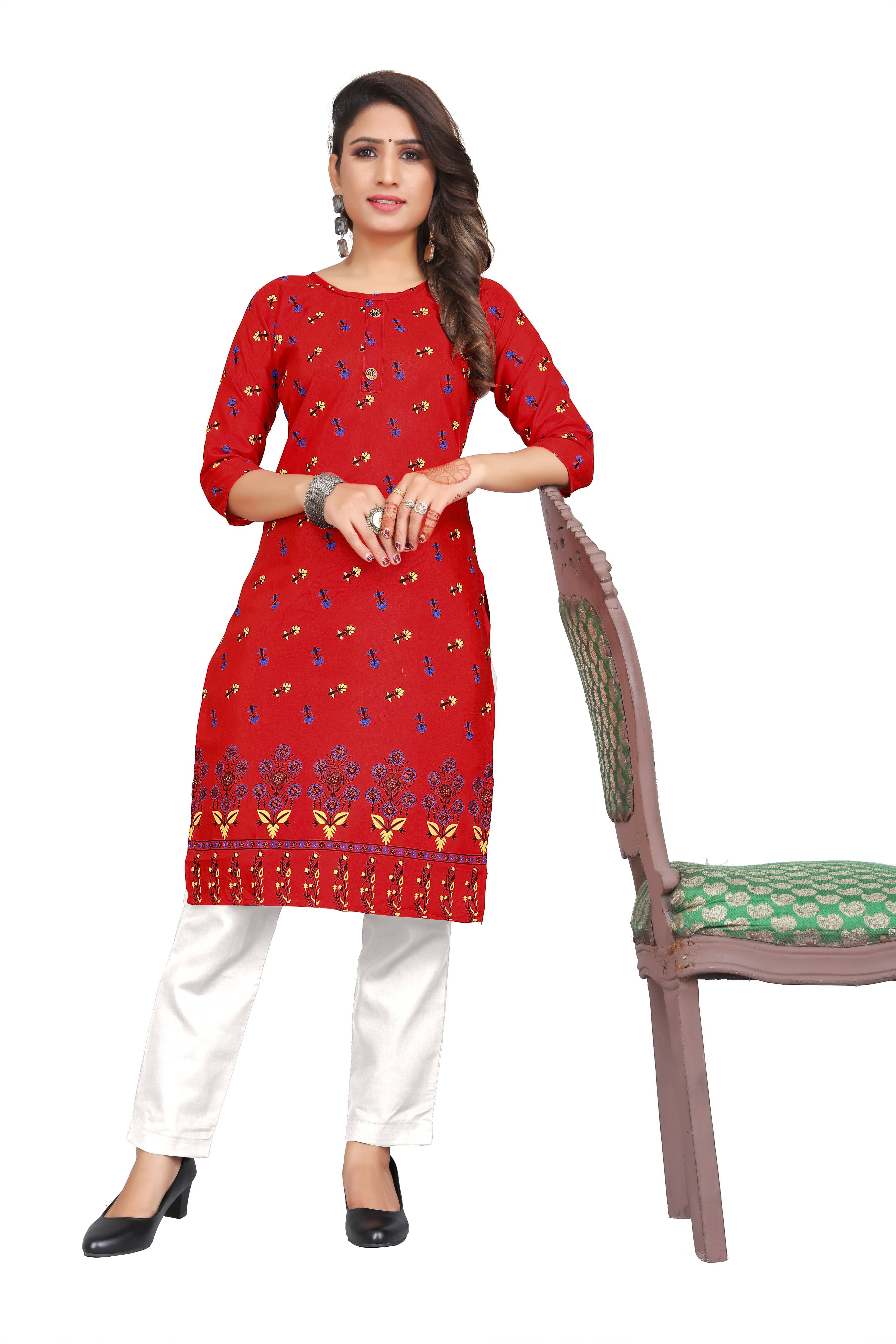 RUNAYA NX Pack of 1 Viscose Rayon Printed A-line Women's Kurti - ( Red ) RUNAYA NX Pack of 1 Viscose Rayon Printed A-line Women's Kurti - ( Red )
