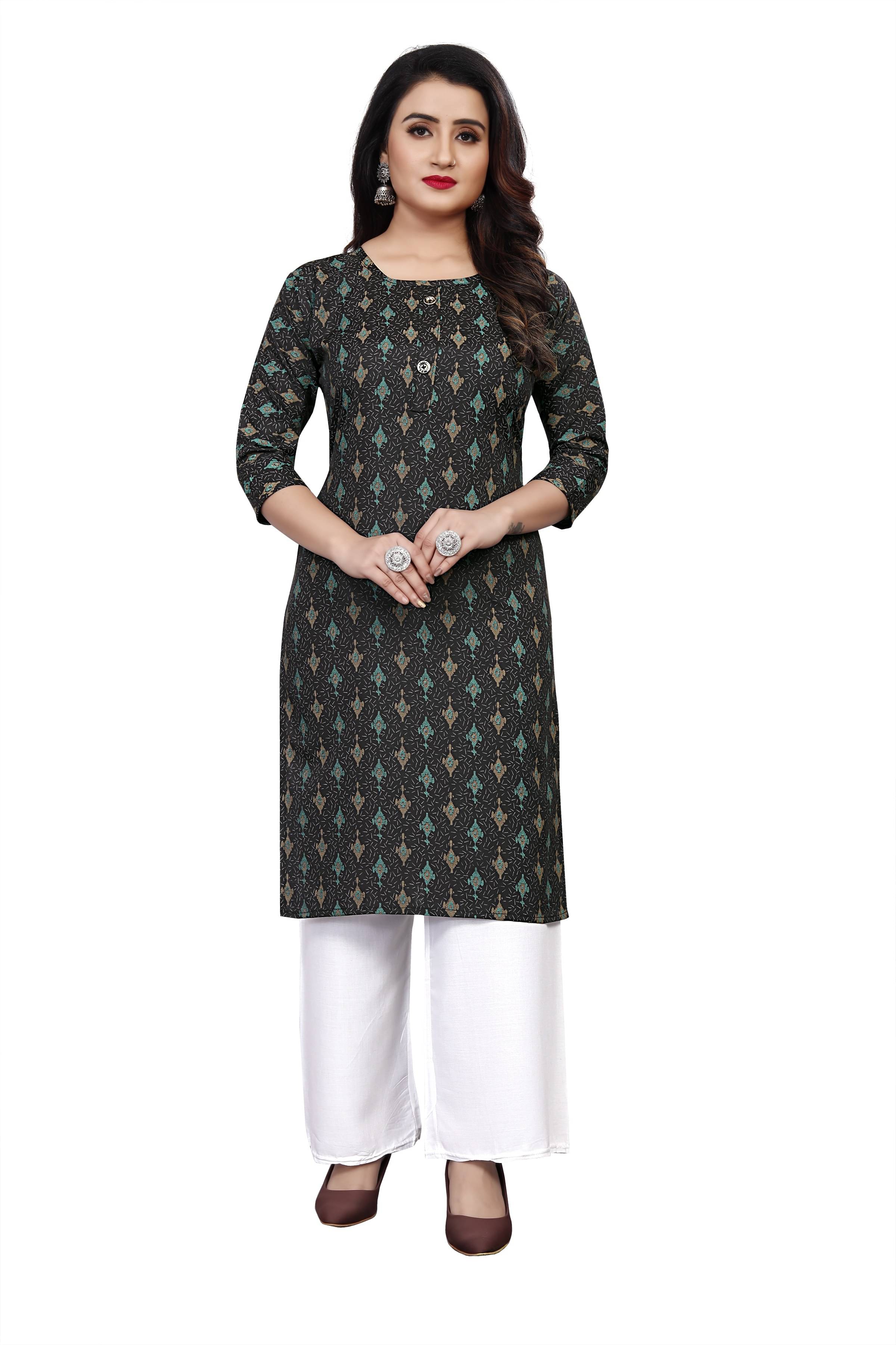     			RUNAYA NX Pack of 1 Viscose Rayon Printed Straight Women's Kurti - ( Black )